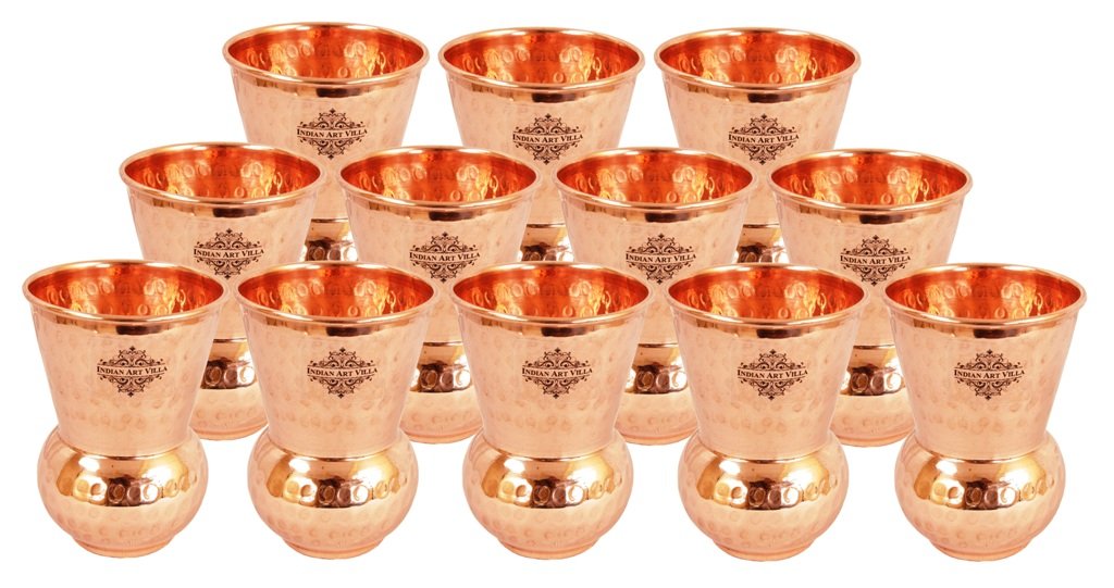 Handmade Pure Copper Hammered Water Glass Tumbler Set of 12 - Indian Art Villa - Elegant Drinking Cups for Home, Parties & Wedding Decor