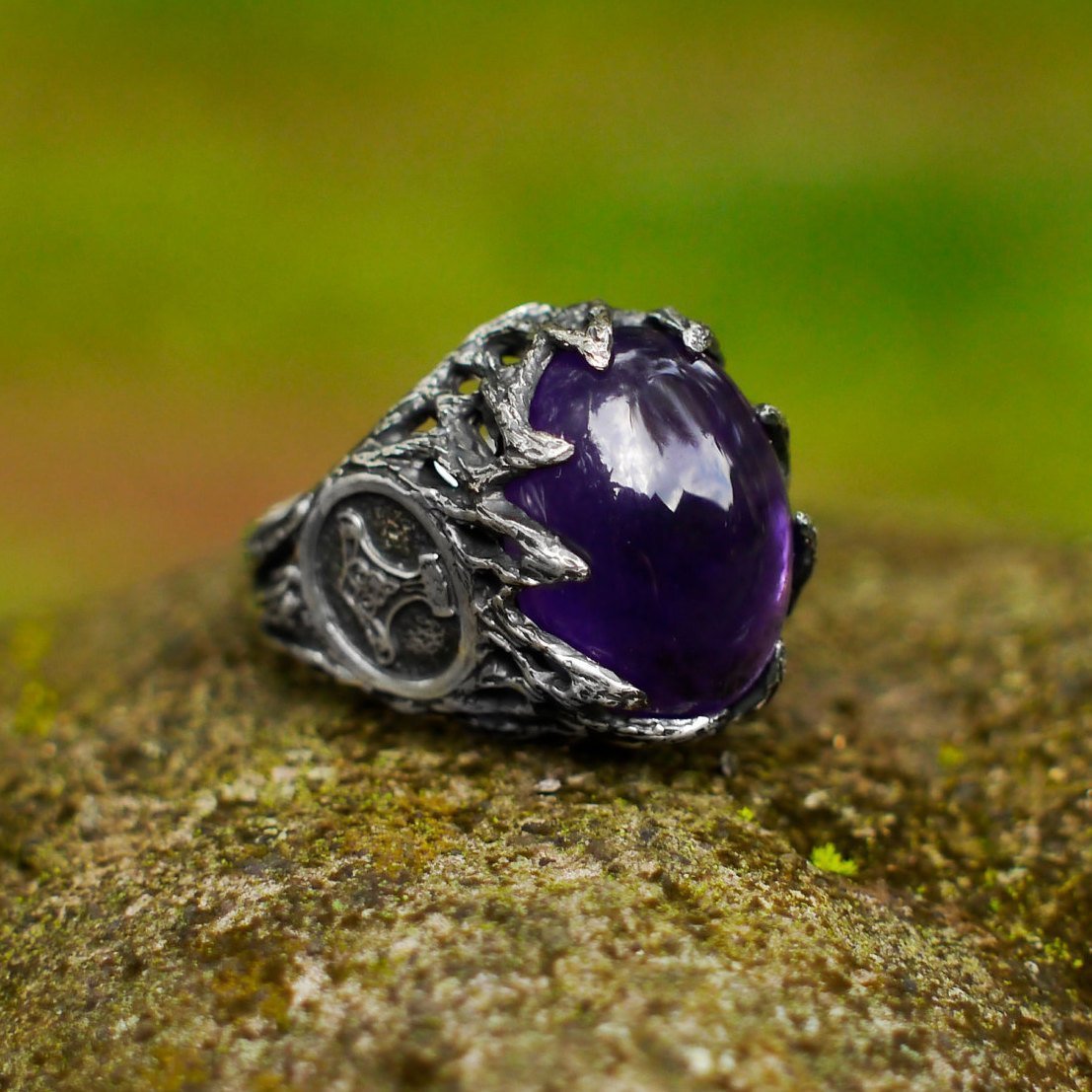 Men's Sterling Silver Amethyst Viking Ring - Thor's Hammer Mjolnir Handmade Jewelry | Norse Mythology Inspired Gemstone Ring for Men | Perfect for Viking Lovers, Cosplay & Medieval Reenactments
