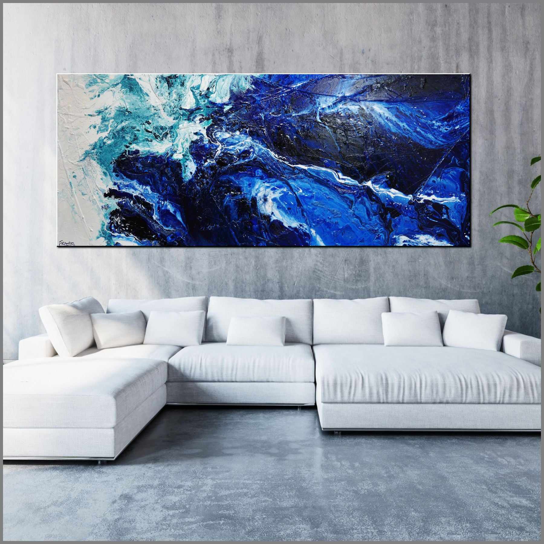 240cm x 100cm Blue and White Textured Abstract Wall Art Painting - Modern Nordic Home Decor for Living Room, Bedroom & Office