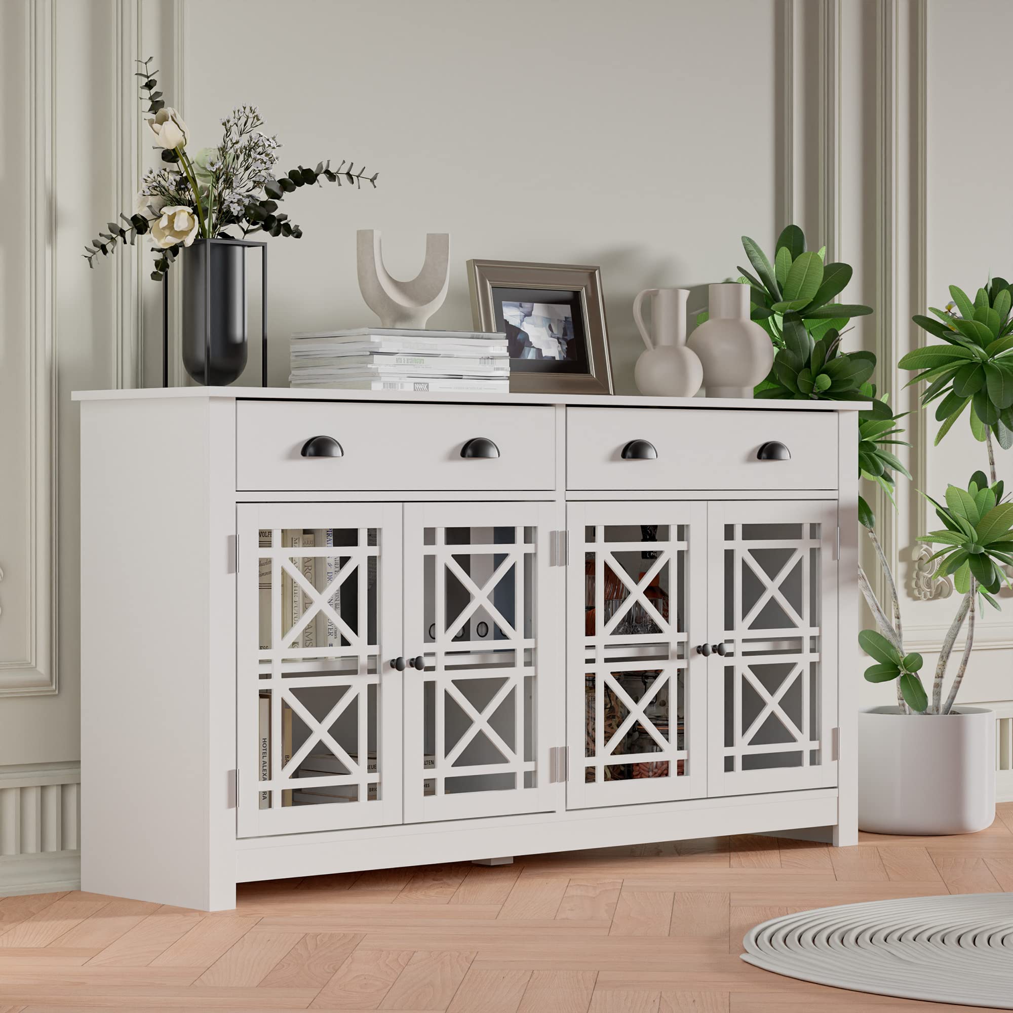 Modern Buffet Cabinet with 4 Acrylic Glass Doors & Drawers - Cozy Castle White Wood Sideboard for Dining Room, Freestanding Bar Cabinet for Kitchen Storage & Home Decor