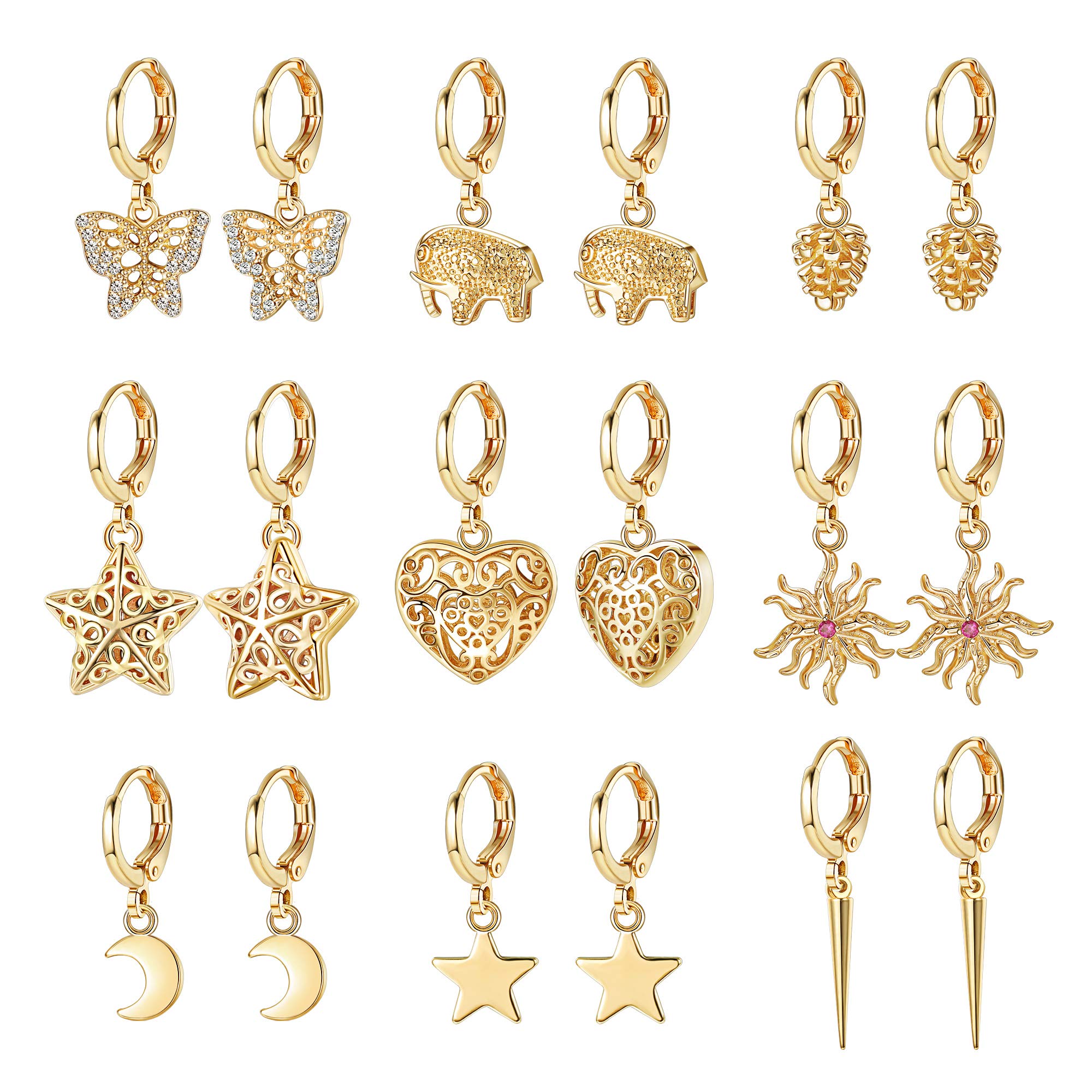 Hanpabum 9 Pairs Dangle Hoop Earrings for Women - 14K Gold Plated Mini Hoops with Charms, Trendy Cute Dangle Earrings for Teen Girls & Women | Perfect for Parties, Gifts & Everyday Wear