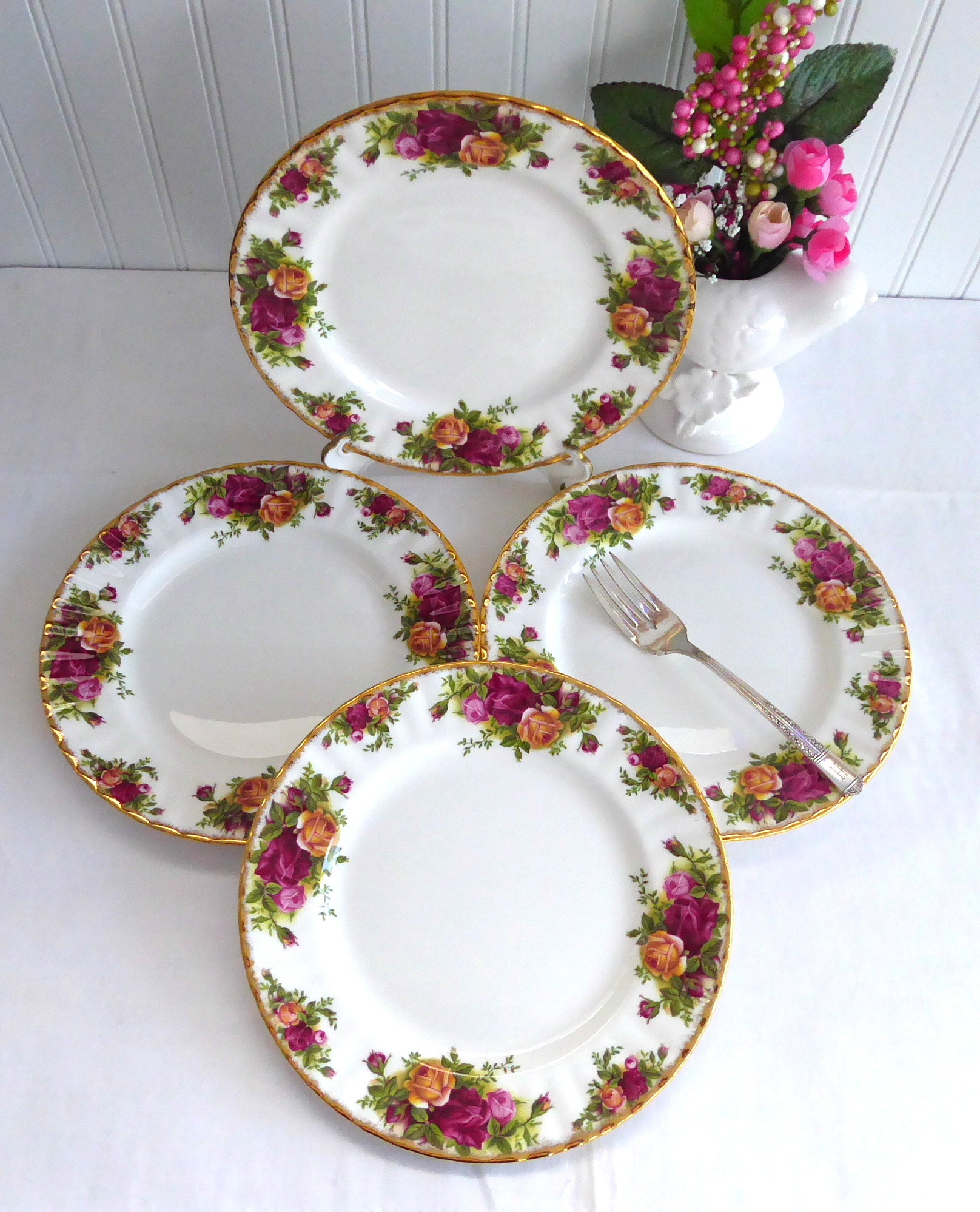 Royal Albert Old Country Roses 4-Piece Salad Plate Set - Vintage English Fine China from 1980s - Perfect for Afternoon Tea, Bridal Showers & Elegant Dining