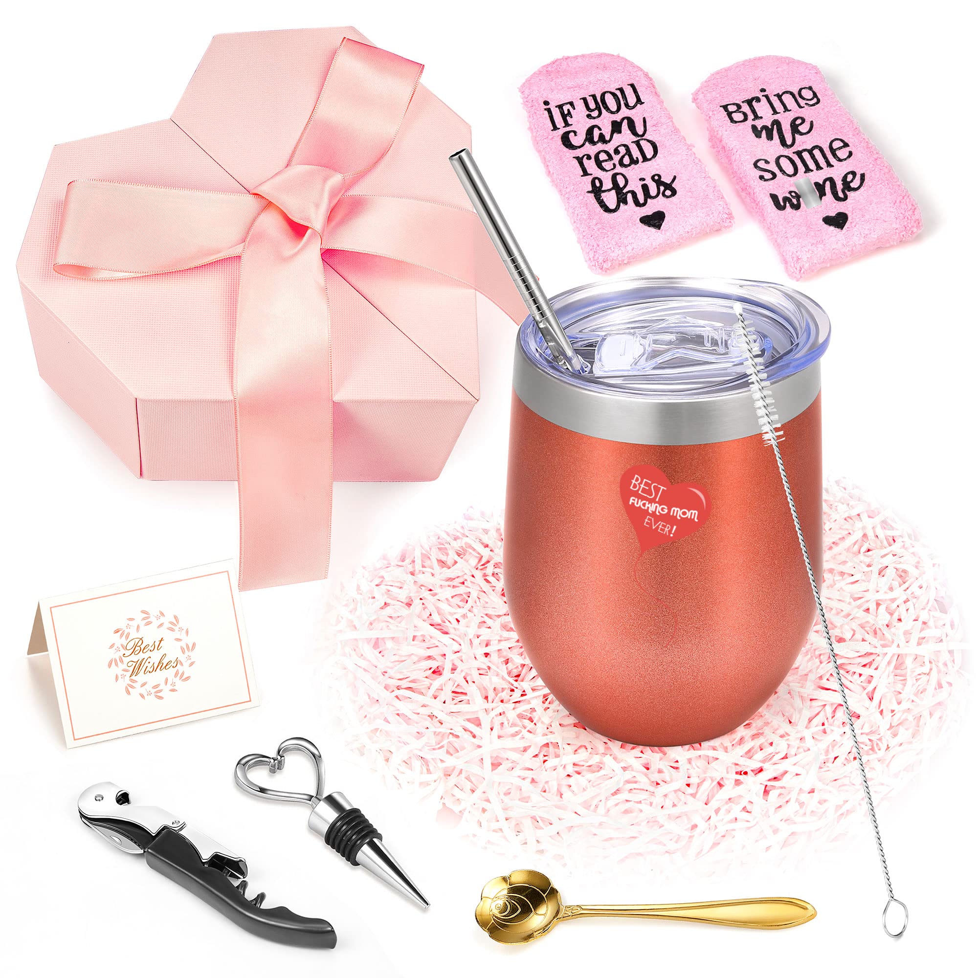 Stainless Steel Insulated Wine Tumbler with Lid - 12oz Leakproof Travel Wine Glass for Mom | Perfect Birthday Gift from Daughter, Mother's Day Present & Women's Wine Gift Set | Ideal for Outdoor Picnics, Beach Trips & Relaxing at Home