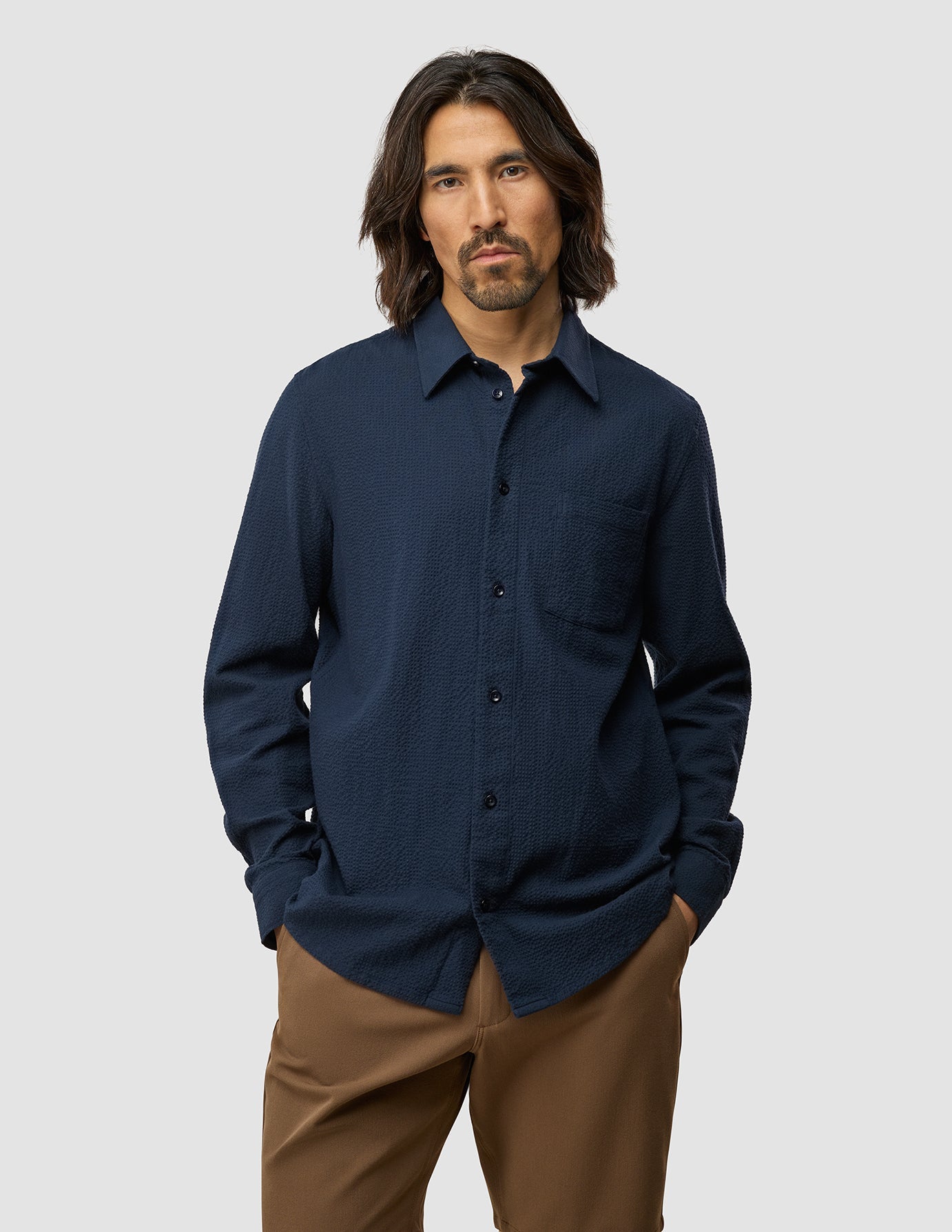 Seersucker Casual Shirt for Men - Breathable Dark Navy Summer Shirt - Perfect for Beach, Vacation & Outdoor Activities