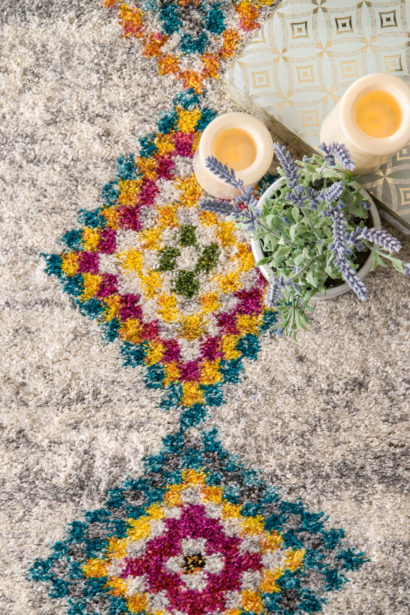 Aztec Diamonds Shag Rug - Soft Fluffy Grey Area Rug for Living Room, Bedroom & Nursery | Boho Chic Home Decor