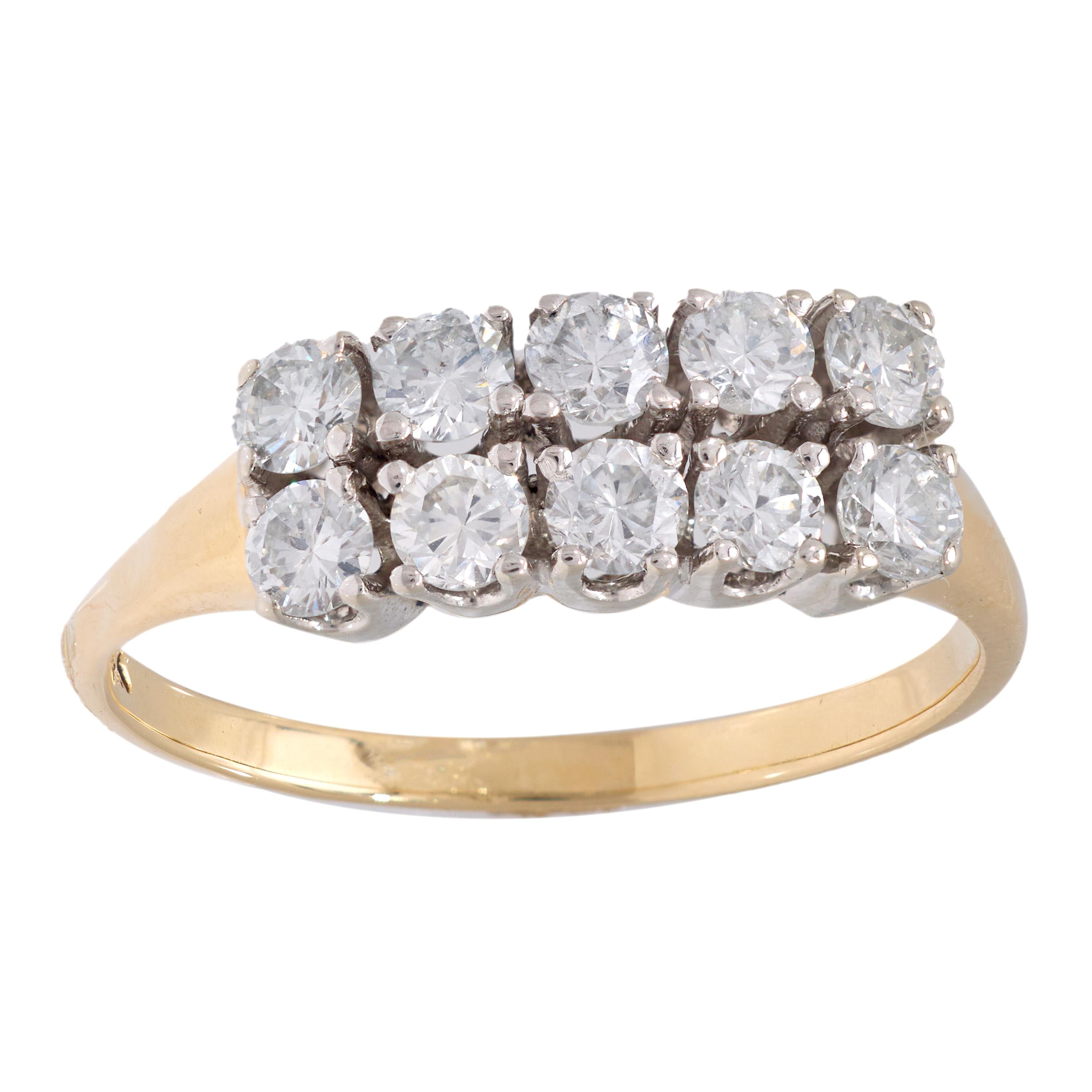 Vintage 14K Yellow & White Gold Diamond Two Row Ring for Women - Elegant Stackable Band for Engagement, Wedding, Anniversary & Everyday Wear