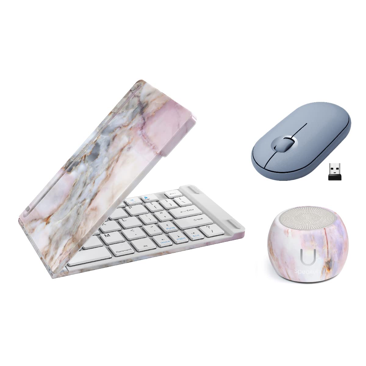 U Speakers Boost Water-Resistant Portable Bluetooth Speaker with Selfie Remote, Enhanced Bass & Built-in Mic - Perfect for Travel, Home & Office Use - Includes Mini Folding Wireless Keyboard & Pebble Mouse Combo for Modern Workspaces