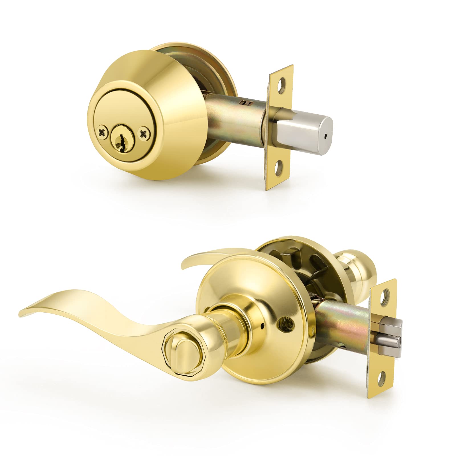 Keyed Alike Entry Door Levers with Double Cylinder Deadbolt Lock Set - Polished Brass Front Door Handleset for Enhanced Security | Perfect for Homes, Offices & Apartments