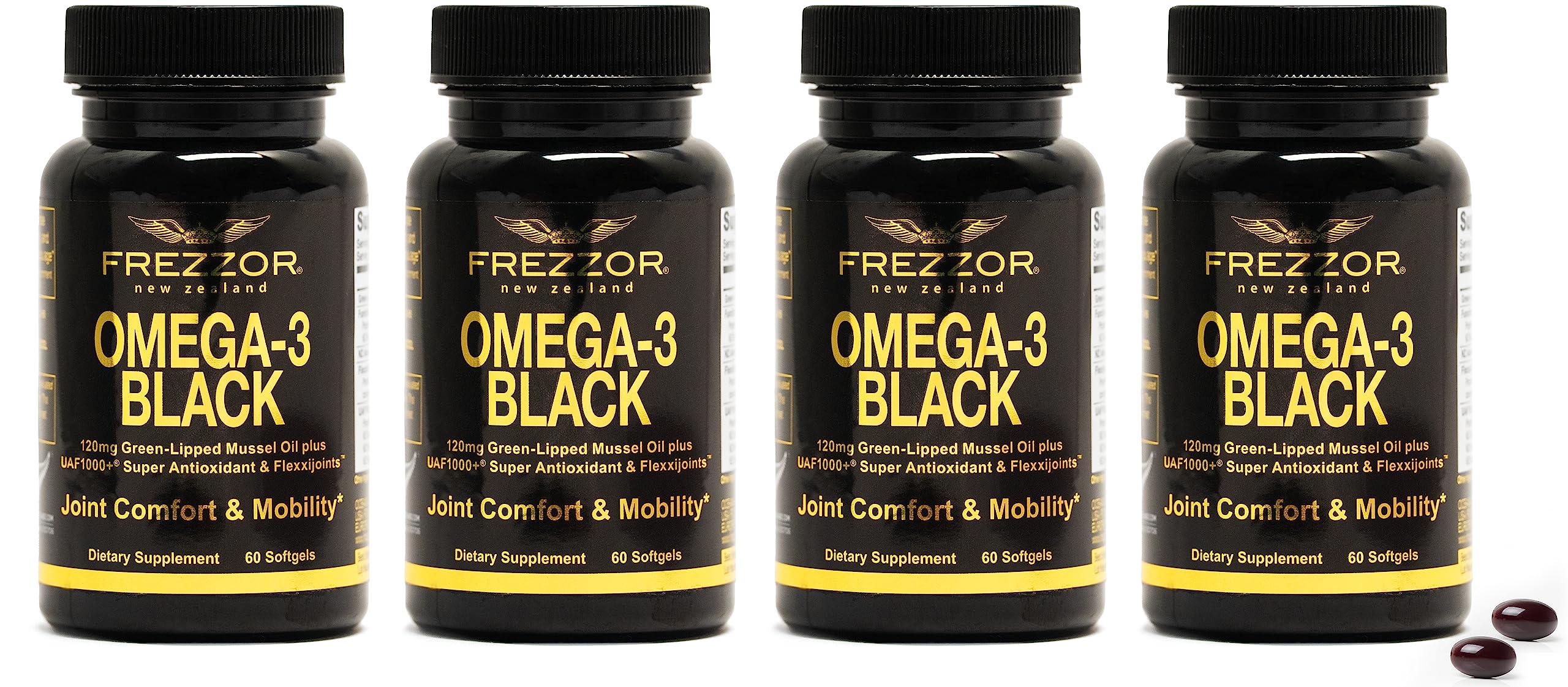FREZZOR Omega 3 Black - Premium 1000mg Green Lipped Mussel Oil Capsules from New Zealand | Ultra High Strength UAF1000+ | Supports Joint Health, Reduces Inflammation, Boosts Heart & Immune System | 60 Capsules (4-Pack) | Ideal for Active Lifestyles, Arthritis Relief & Daily Wellness