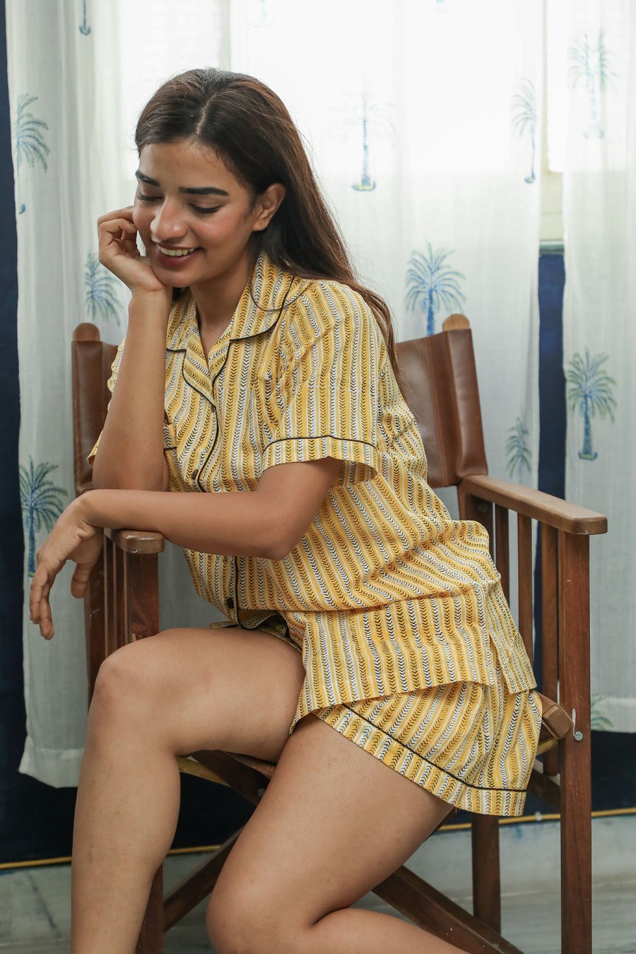 Azofree Handblock Printed Pure Cotton Night Suit - 'Yellow Grassland' Design by Sootisyahi | Soft & Breathable Sleepwear for Women | Perfect for Lounge, Travel & Home Relaxation