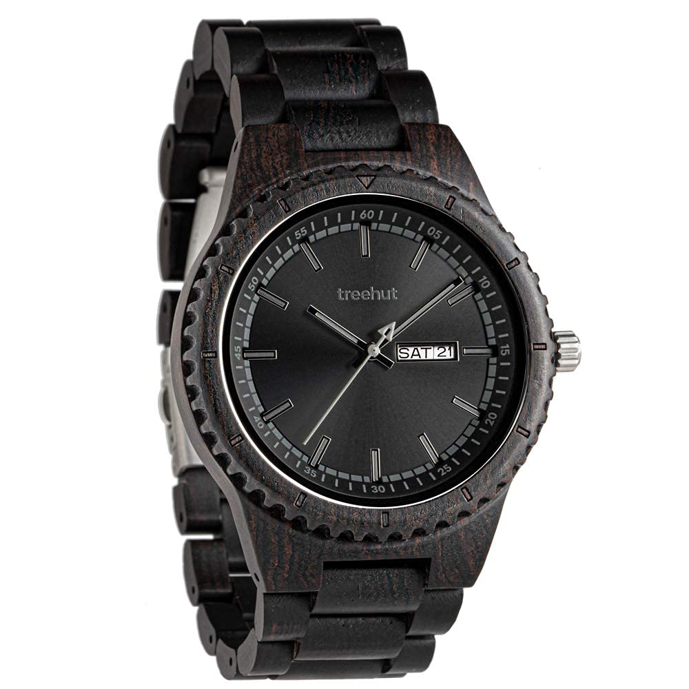 Treehut Men's Ebony Wood Watch with Adjustable Band & Stainless Steel Clasp - Japanese Quartz Analog Day-Date Watch in Gift Box - Stylish Wooden Wristwatch for Men - Perfect for Business, Casual Wear & Special Occasions