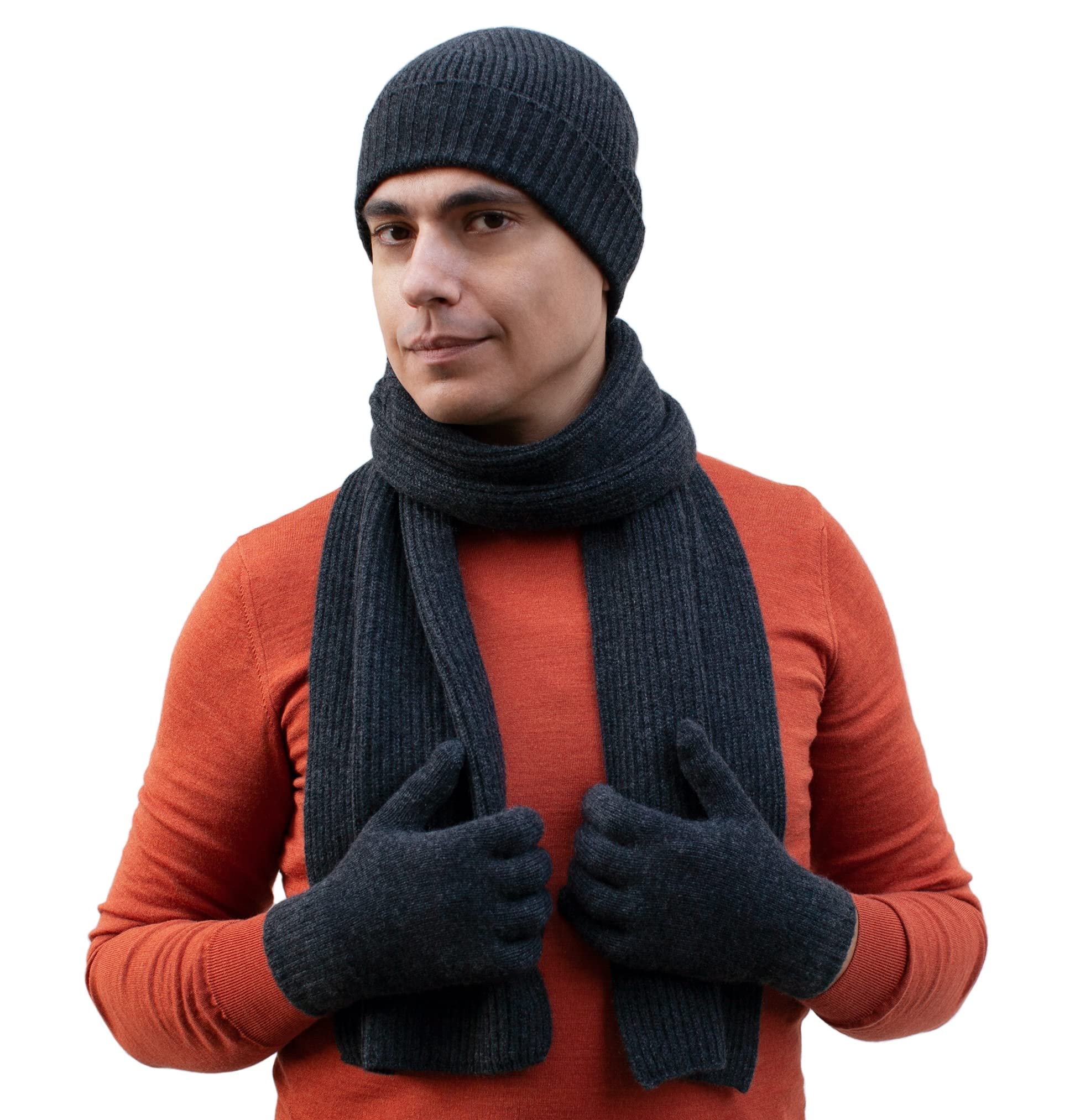 FRUGESS 100% Pure Cashmere Winter Hat, Scarf & Touchscreen Gloves Set for Men & Women - Soft Warm Accessories for Cold Weather, Outdoor Activities & Daily Use