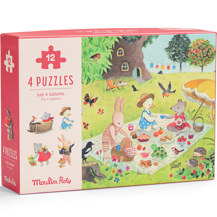 Moulin Roty 'Seasons' 4-in-1 Educational Wooden Puzzles for Kids - Spring, Summer, Fall & Winter Learning Toys for Toddlers | Perfect for Classroom, Homeschool & Family Game Night