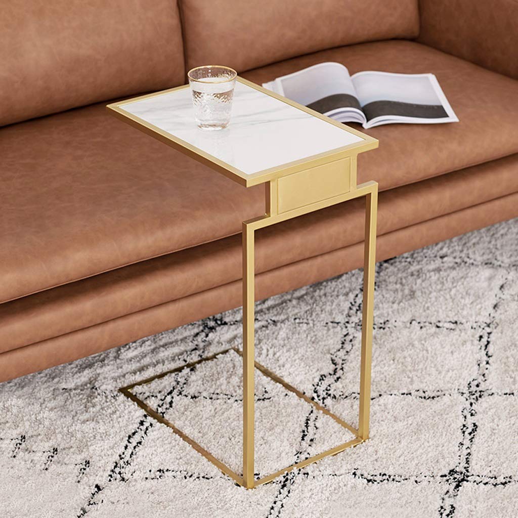 Modern C-Shaped Gold Metal End Table with Marble Top - Stylish Nightstand, Coffee Table, or Side Table for Living Room, Bedroom & Sofa - Perfect for Small Spaces & Home Decor