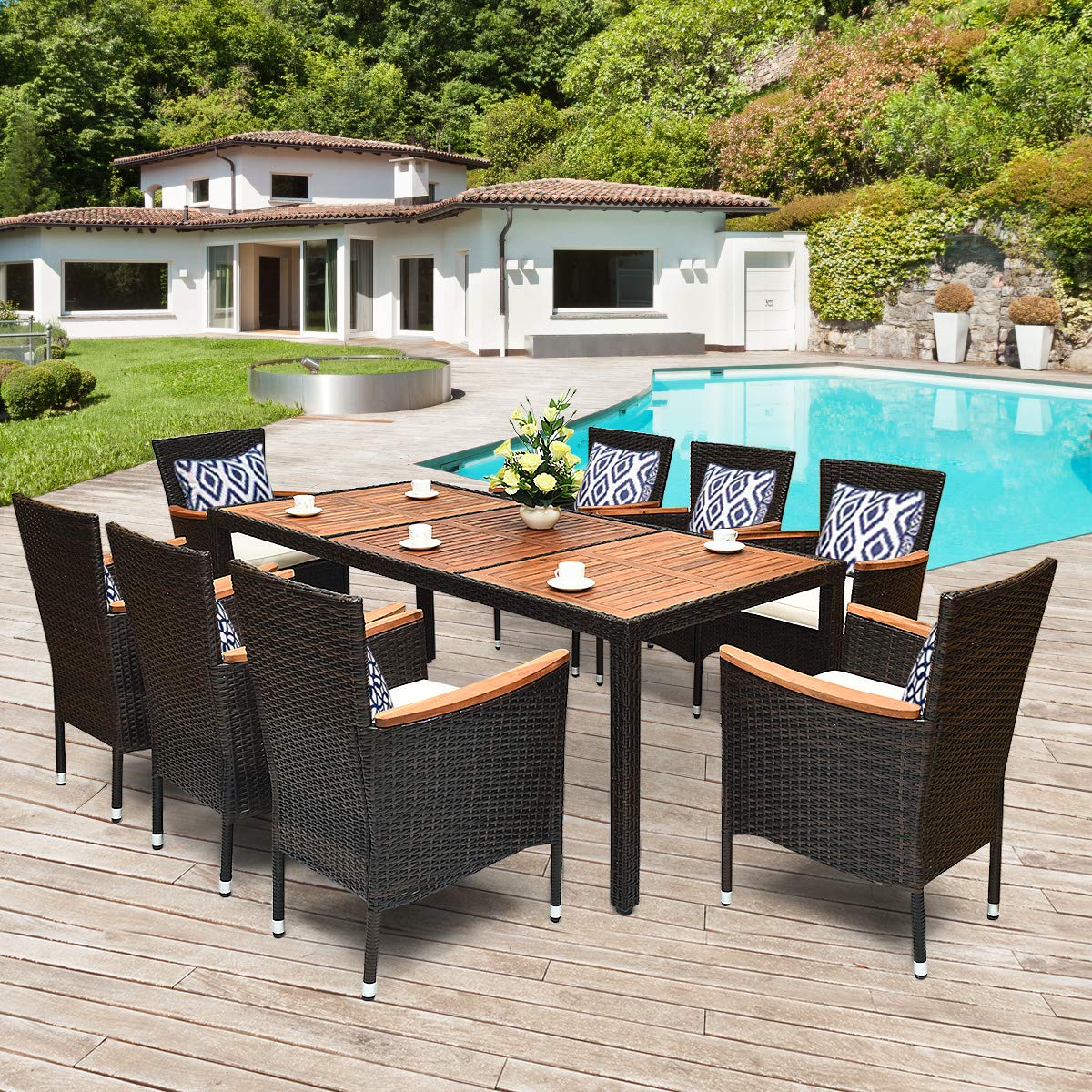 Tangkula 9-Piece Outdoor Dining Set with Acacia Wood Table & Stackable Armchairs - Patio Garden Furniture with Weather-Resistant Wicker & Cushions - Perfect for Backyard BBQs, Poolside Dining & Outdoor Entertaining