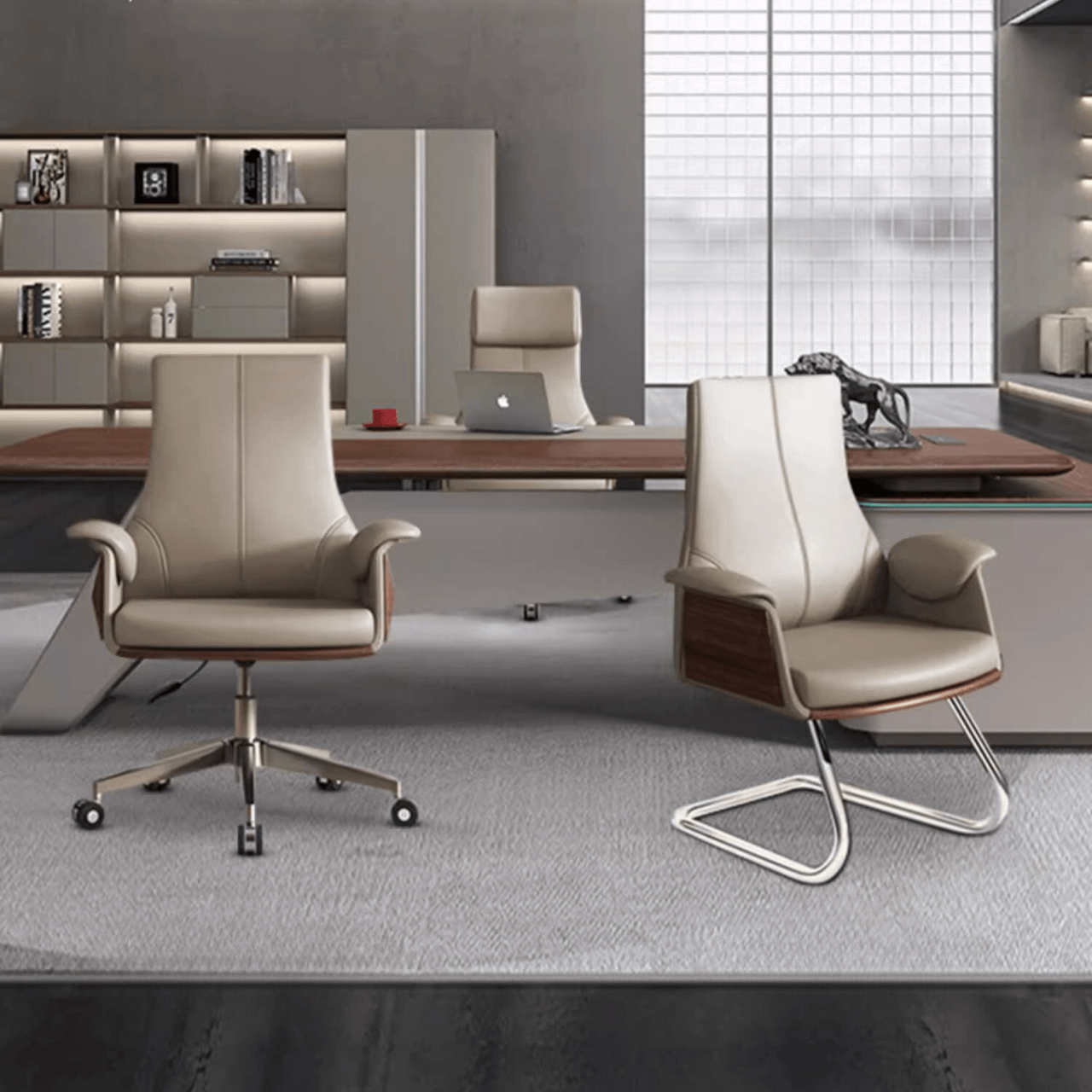 Minimalist Gray Leather Arc Office Chair with Flared Arms & Silver Metal Legs - Ergonomic Desk Chair for Home Office, Study, or Workspace