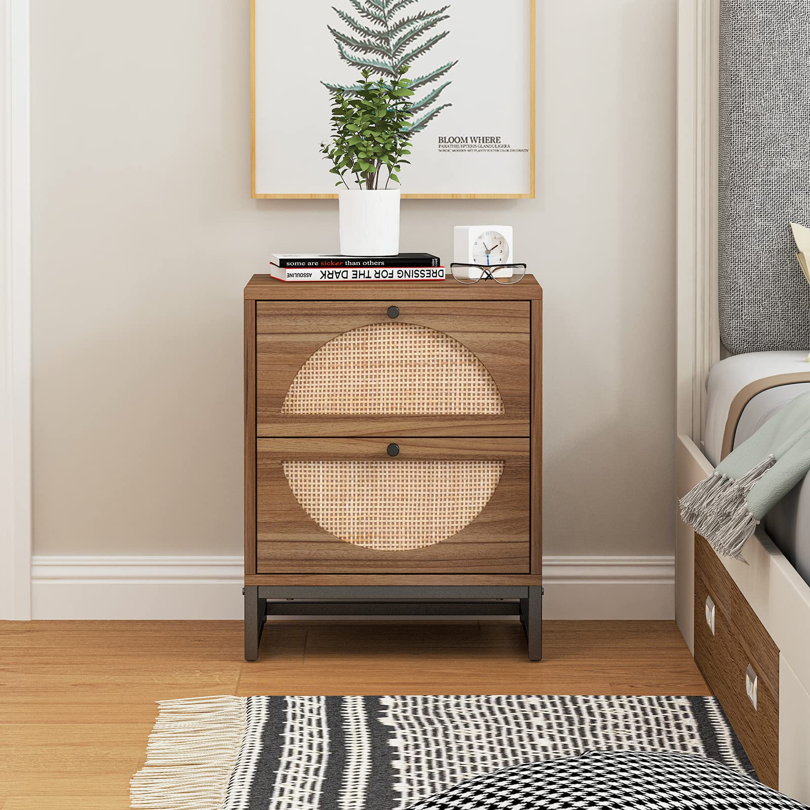 Modern Natural Rattan 2-Drawer Nightstand - Bedside End Table with Storage Shelf for Bedroom & Living Room | Perfect for Small Spaces, Guest Rooms & Apartment Decor