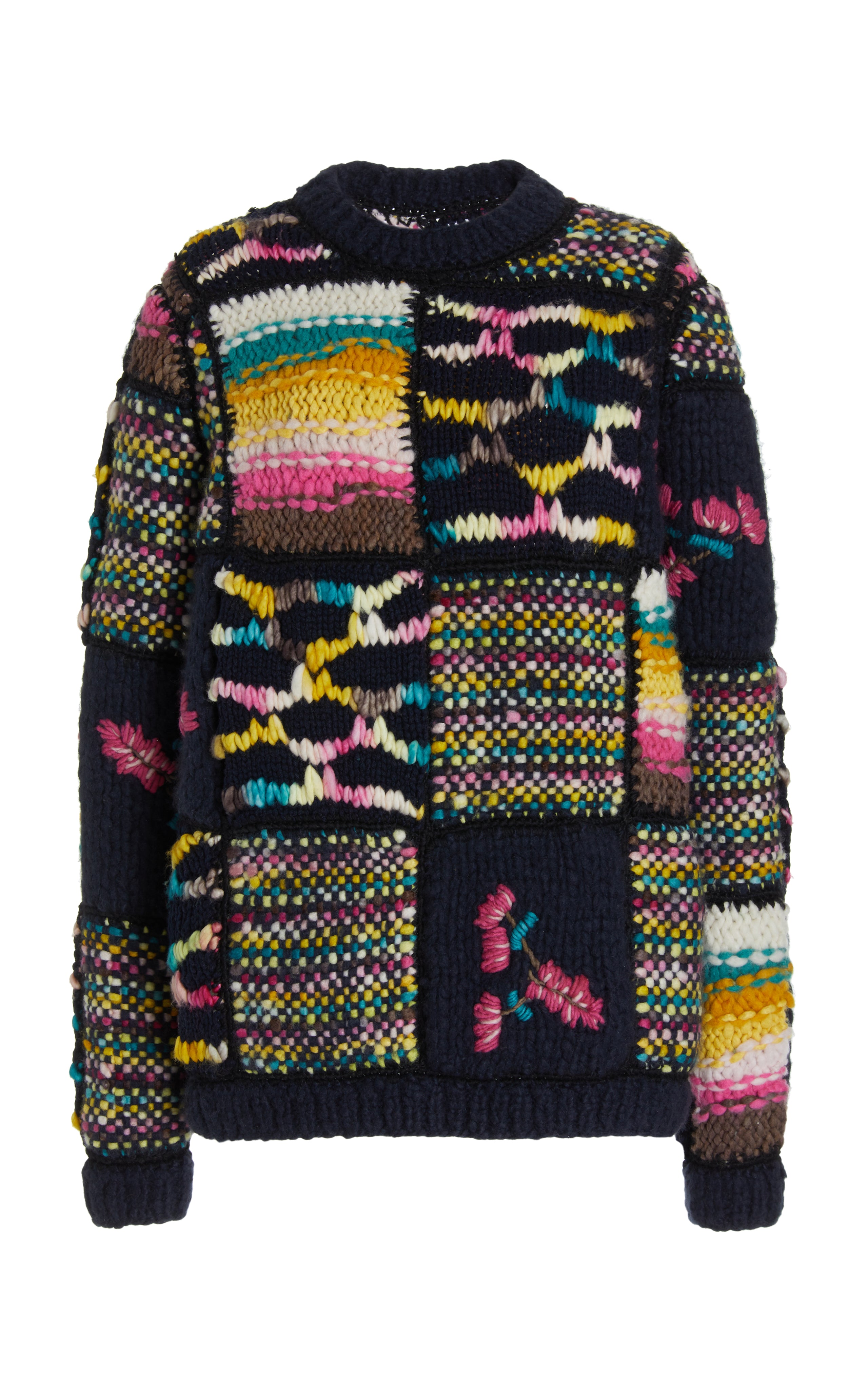Lawrence Patchwork Knit Sweater in Dark Navy Multi - 100% Cashmere - Cozy Winter Pullover for Women - Perfect for Office, Date Night & Casual Outings