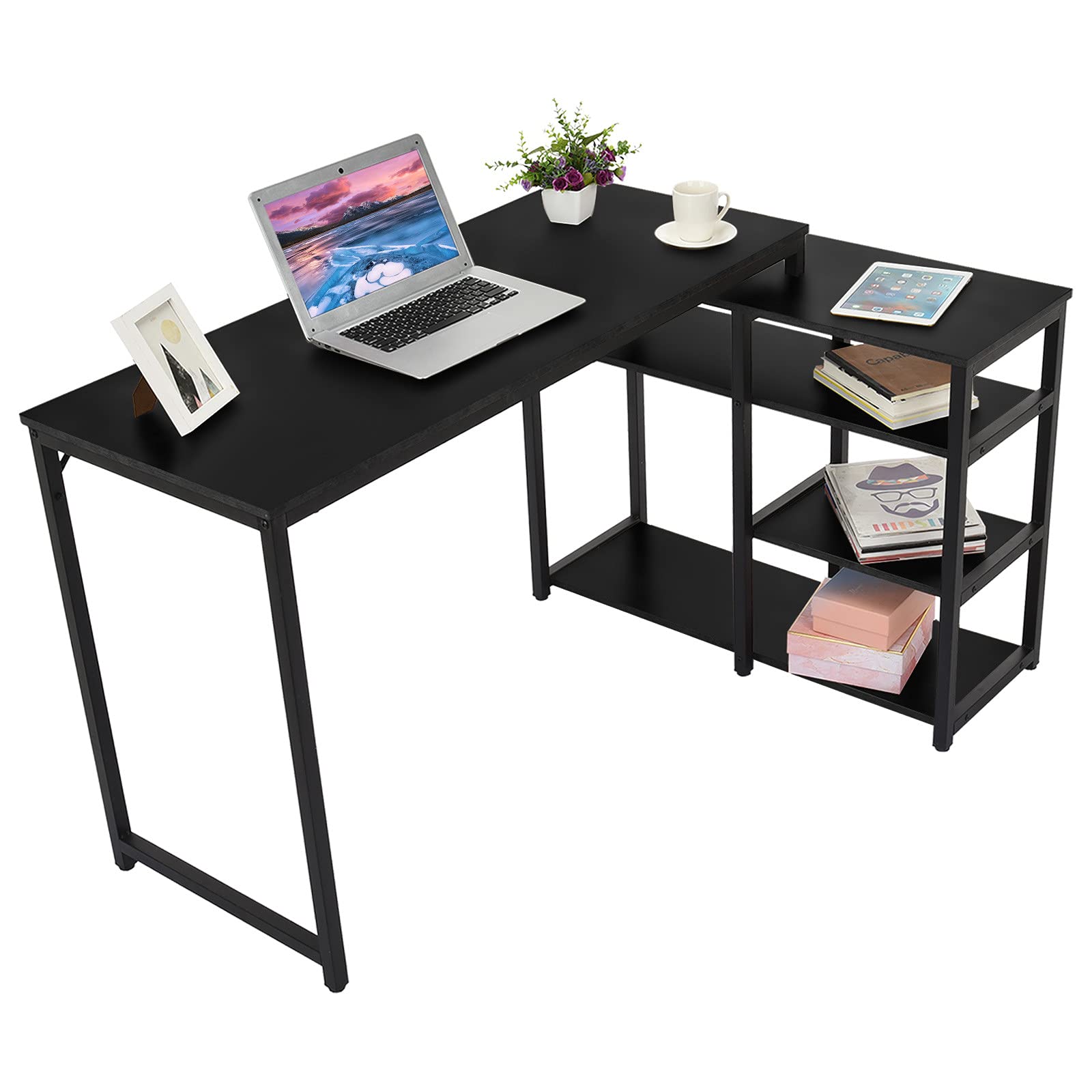L-Shaped Computer Desk with Storage Shelves - Home Office Study Writing Table, Corner PC Desk for Small Spaces, Black - Perfect for Gaming Setup, Remote Work & Student Dorm Rooms