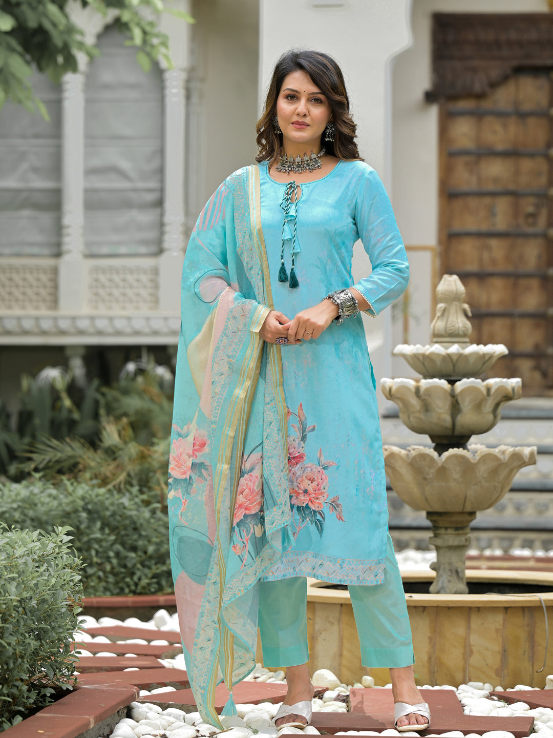 Stylish Blue Linen Pant Suit with Digital Print - Elegant Women's Business Attire for Office, Weddings & Formal Events