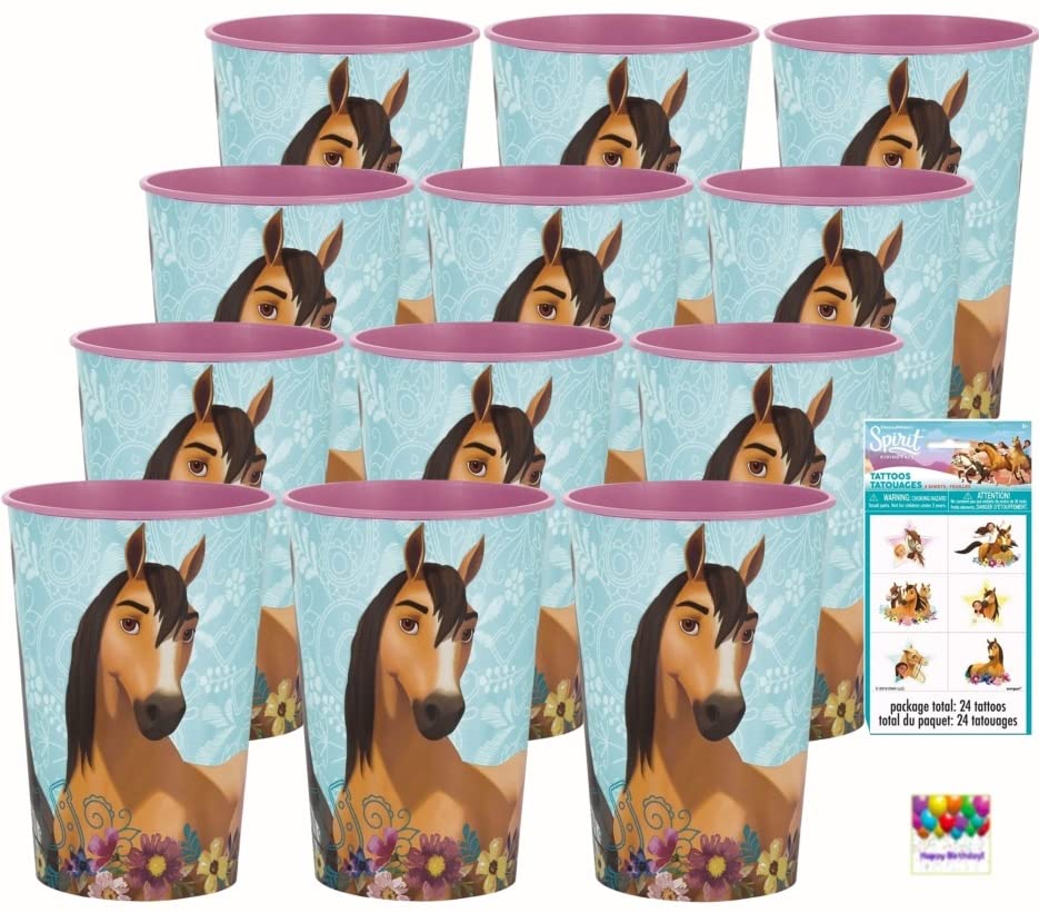 12-Pack Spirit Riding Free Themed Party Cups with 24 Temporary Tattoos - Perfect for Birthday Party Supplies & Kids Celebration Favors | Great for Themed Parties, Baby Showers & School Events