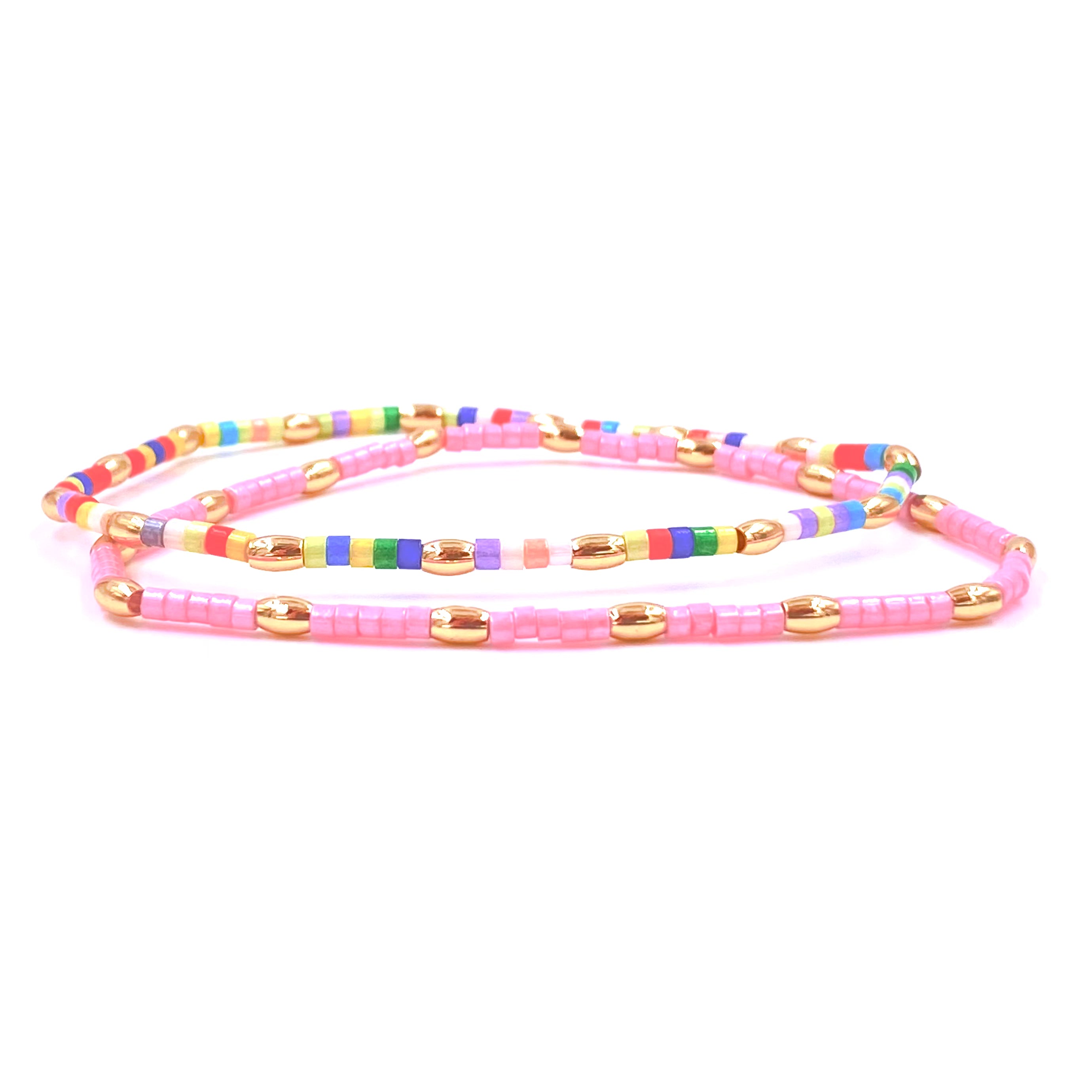 Ashley Gold Stainless Steel Gold Plated Enamel Pink Beaded Stretch Bracelet for Women - Perfect for Parties, Weddings & Everyday Fashion Accessories