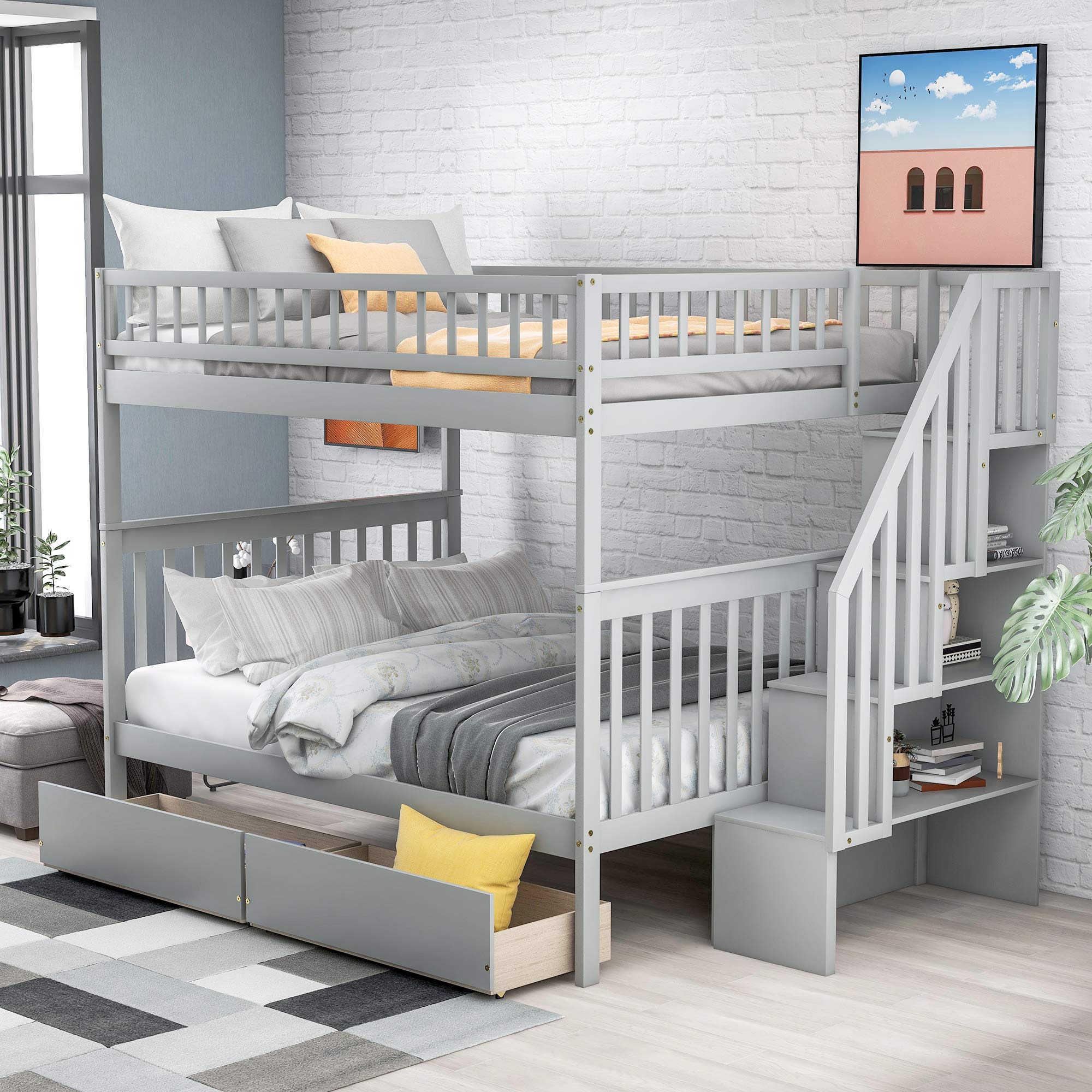 Full Over Full Bunk Bed with Storage Drawers - Mission Style Wood Frame for Kids' Bedroom