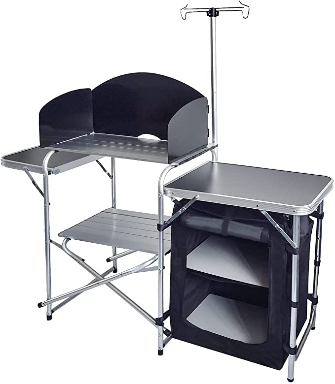 Portable Aluminum Folding Camping Kitchen Table with Storage Organizer, Windscreen & Hooks - Lightweight Outdoor Cooking Station for BBQ, Picnic, Camping & Backyard Parties (Black)