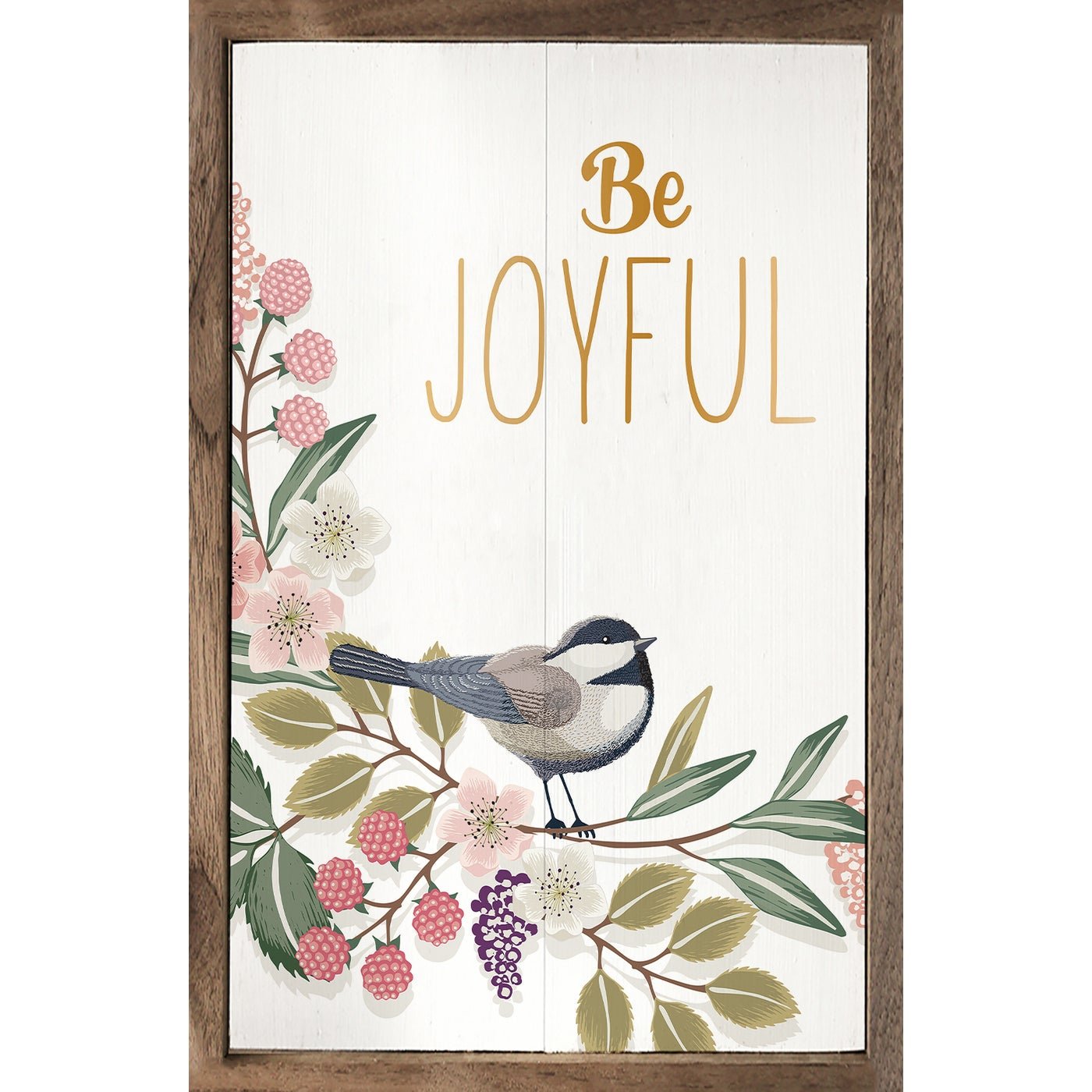 Be Joyful Greenery Bird Whitewashed Wood Framed Wall Art Print - Nature Inspired Home Decor for Living Room, Bedroom & Office