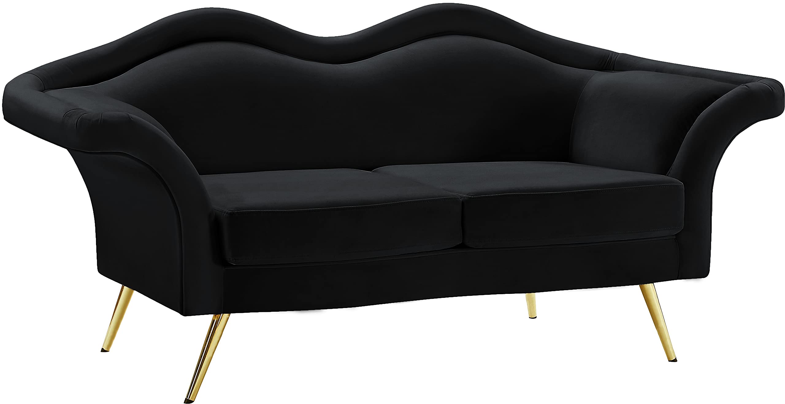 Meridian Furniture Lips Collection Velvet Upholstered Loveseat with Gold Metal Legs - Black Mid-Century Modern Sofa for Living Room, Lounge & Apartment Decor