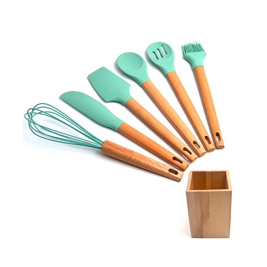 MJWDP Wooden Handle Kitchen Utensils Set - Cooking Spoon, Spatula, Egg Beater & Scraper Brush for Baking, Frying & Mixing - Perfect for Home Chefs & Professional Kitchens