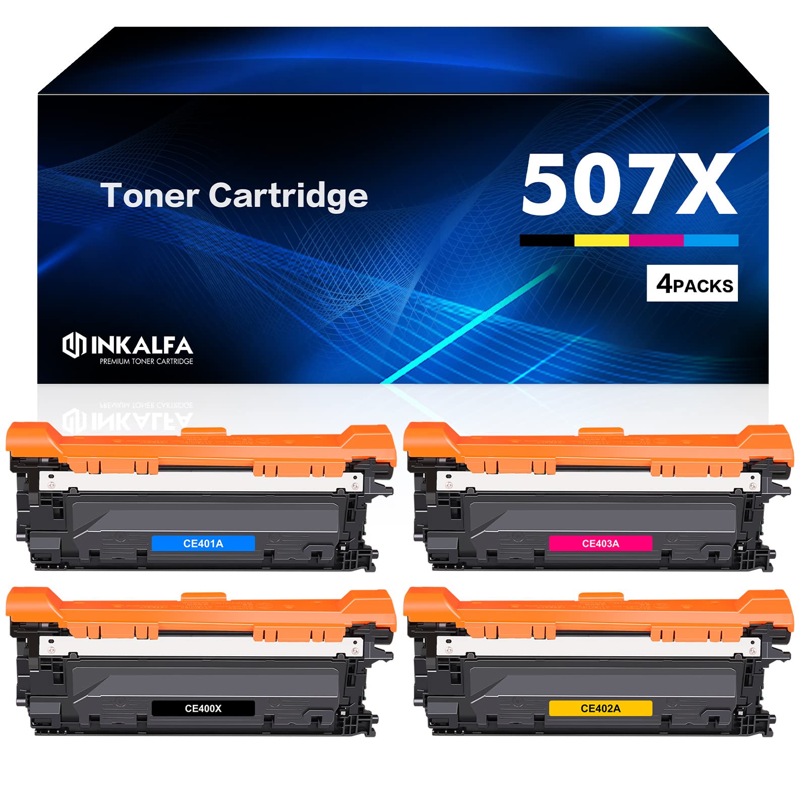 HP 507X 507A Compatible Toner Cartridge 4-Pack - Replacement for HP CE400X/CE400A/CE401A/CE402A/CE403A - Works with HP Enterprise M551/M551n/M551dn/M551xh/M570dn/M570dw/M575f Printers - High Yield Printing for Office & Business Use