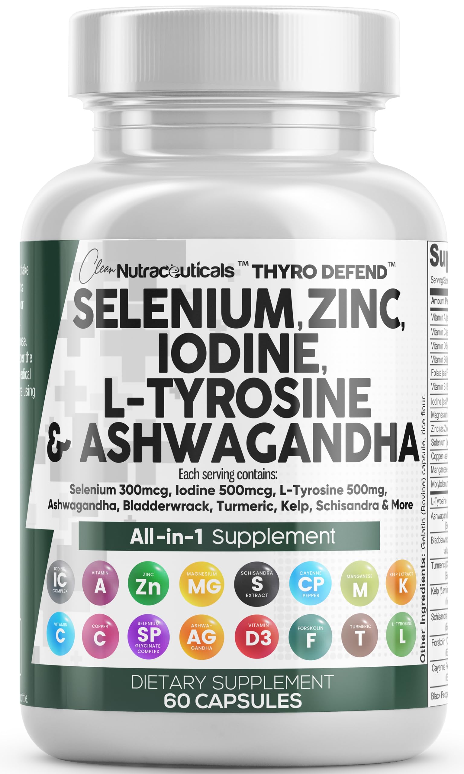 Clean Nutra Selenium 300mcg & Iodine 500mcg Thyroid Support Supplement for Women & Men | L-Tyrosine 500mg, Ashwagandha, Bladderwrack, Turmeric, Kelp, Schisandra & Zinc Capsules - Supports Energy, Metabolism & Immune Health for Active Lifestyles