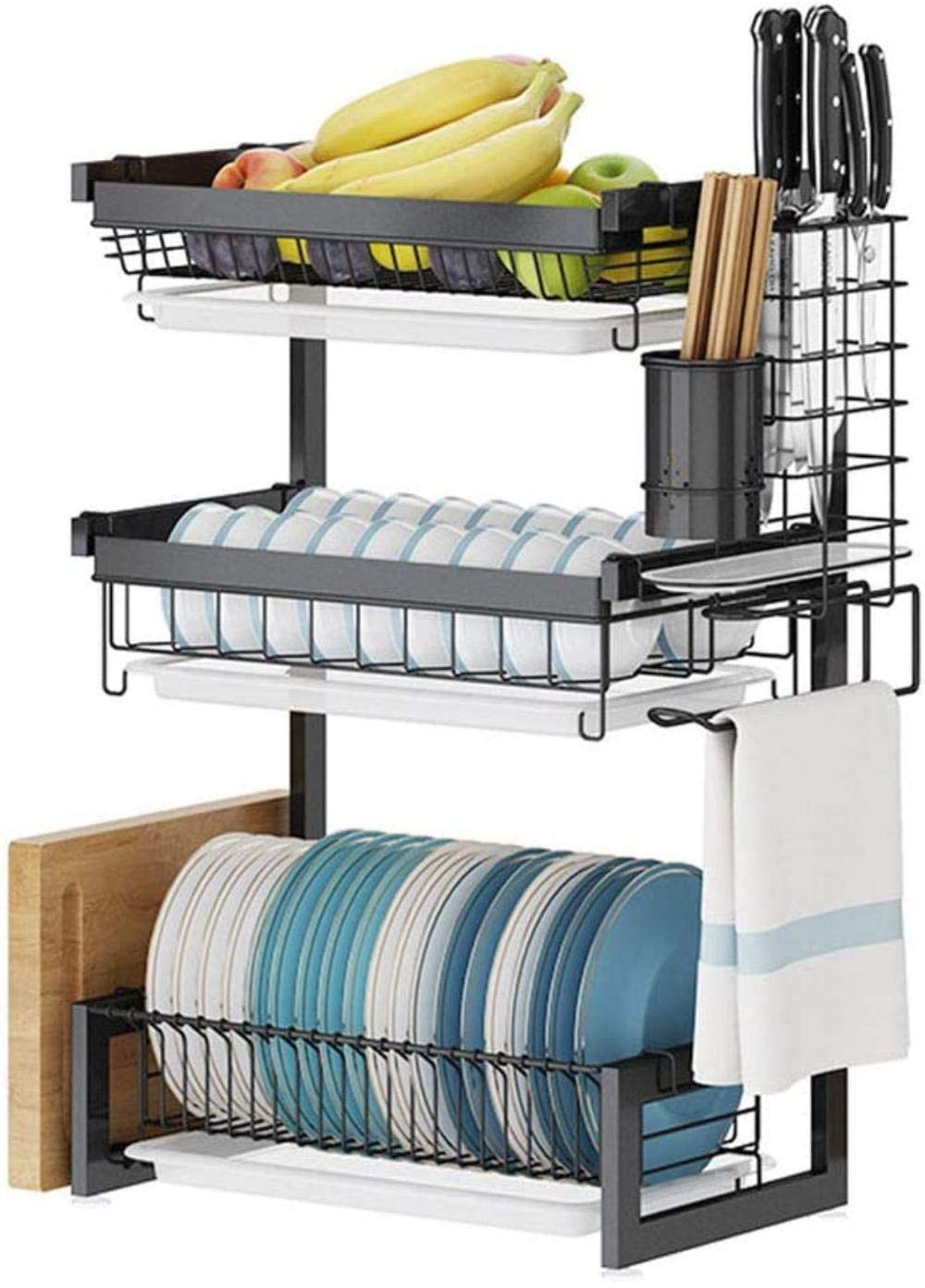 3-Tier Over Sink Dish Drying Rack - Space Saving Kitchen Storage Organizer with Removable Cutlery Holder & Utensil Hooks - Perfect for Small Kitchens, Apartments, RV & Dorm Rooms