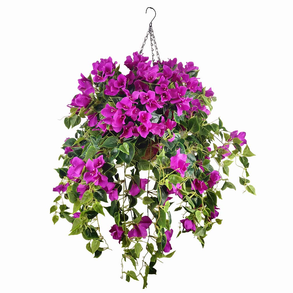 Set of 2 Hanging Coconut Palm Baskets with Artificial Bougainvillea Silk Flowers - Purple & Red Floral Decor for Patio, Porch, or Garden