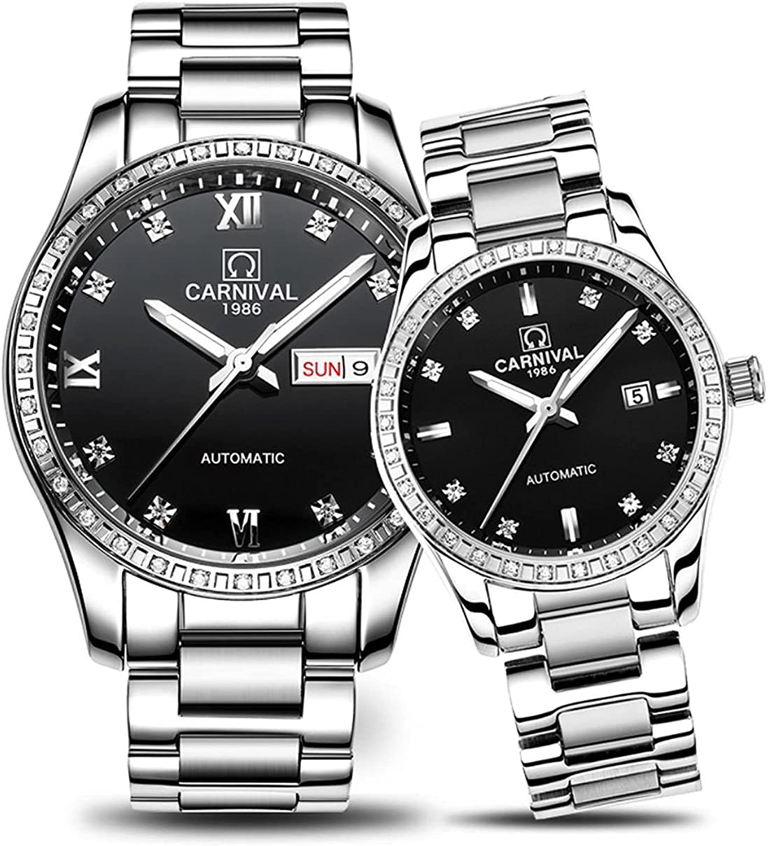 Automatic Self-Wind Couple Watches with Calendar Date - Luxury Stainless Steel His & Hers Matching Watch Set - Perfect for Anniversaries, Weddings and Romantic Gifts (Pair of 2)