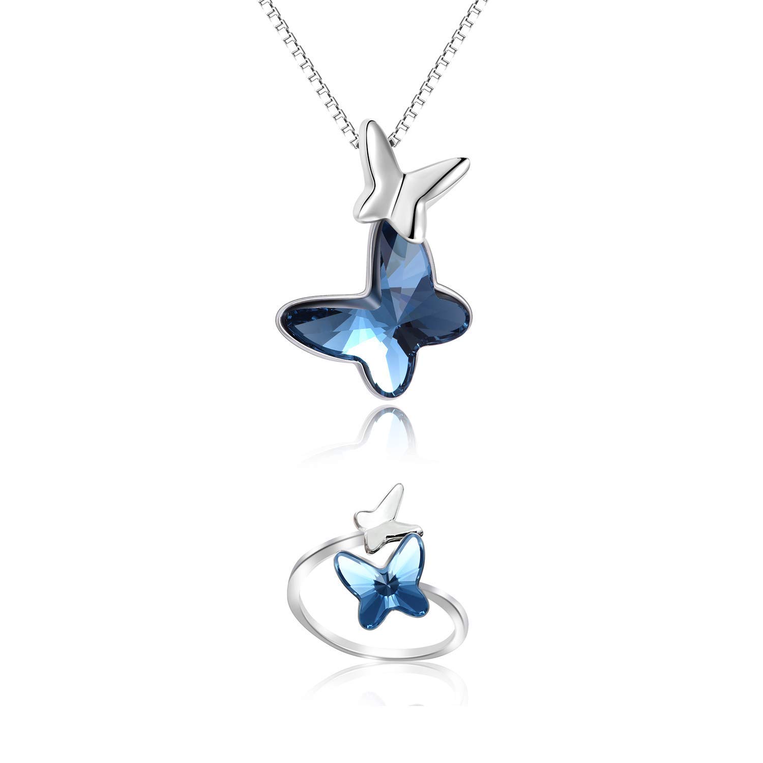 Elegant AOBOCO Sterling Silver Chasing Butterfly Necklace & Ring Set with Genuine Austrian Crystals | Butterfly-Themed Jewelry for Women | Perfect Anniversary, Birthday & Special Occasion Gifts for Butterfly Lovers | Ideal for Weddings, Date Nights & Everyday Wear