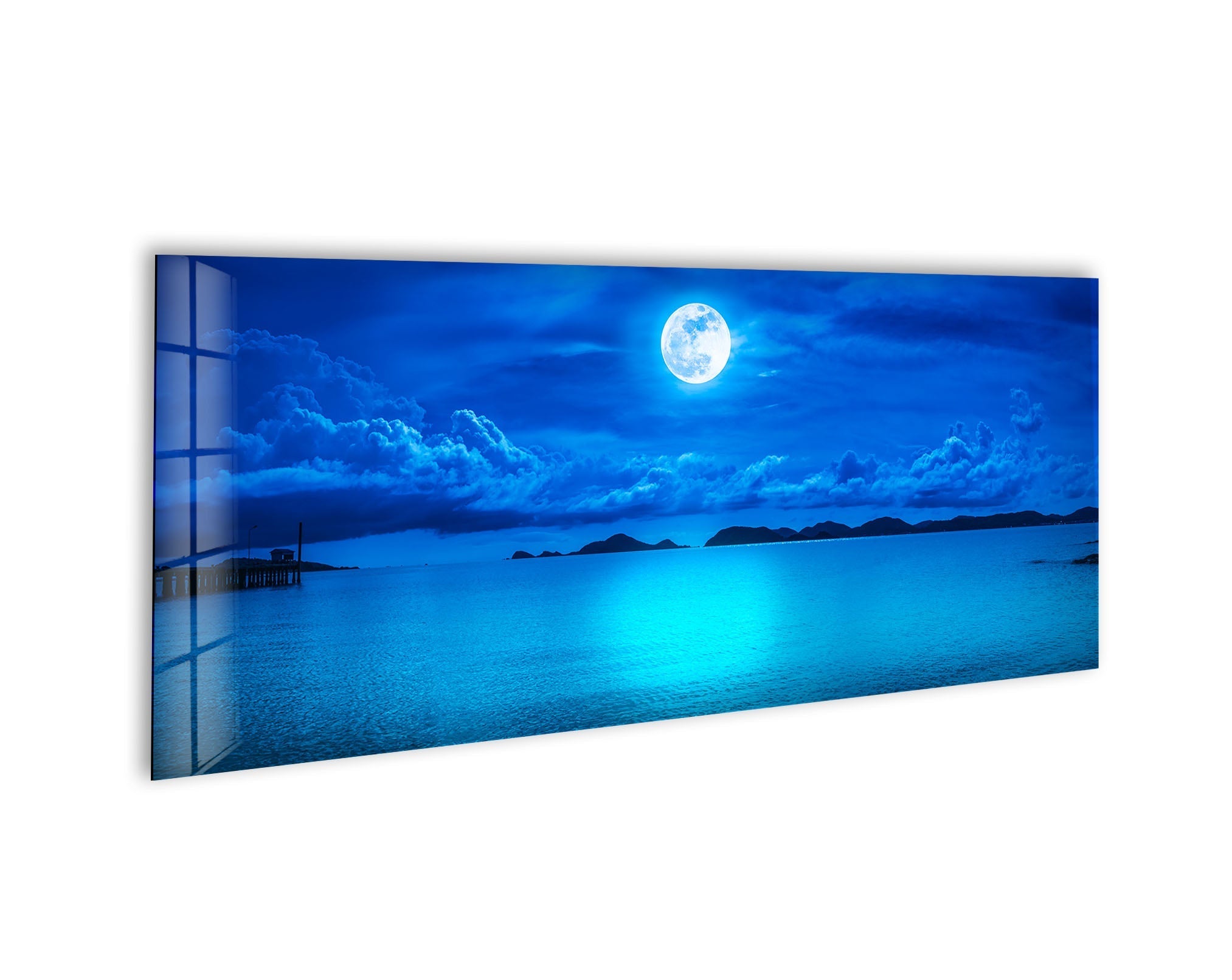 Blue Full Moon & Ocean Landscape Glass Wall Art - Stunning Home Decor for Living Room, Bedroom, or Office