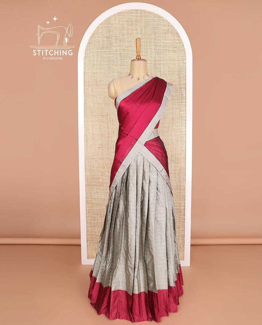 Beige Checked Poly Cotton Half Saree with Contrast Border - Plain Blouse & Checked Dhavani | Indian Traditional Outfit for Festivals, Weddings & Cultural Events