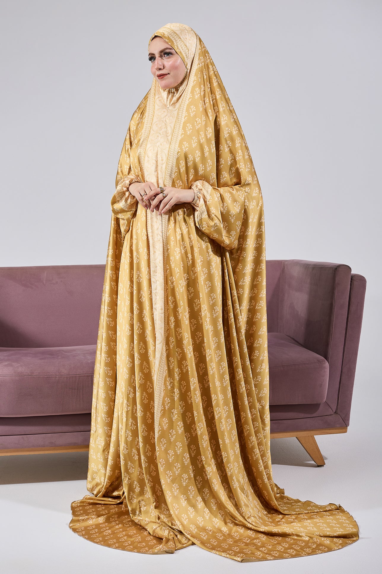 Bahija Luxurious Satin Prayer Gown - Golden Floral Print Islamic Dress for Women | Perfect for Salah, Eid, Ramadan & Special Occasions