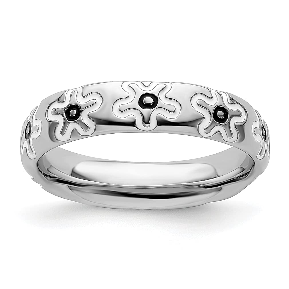 925 Sterling Silver Enameled Flower Band Ring - Leaf Stackable Dainty Jewelry for Women | Elegant White & Black Enamel Design | Perfect Gift for Her, Birthday, Anniversary & Everyday Wear