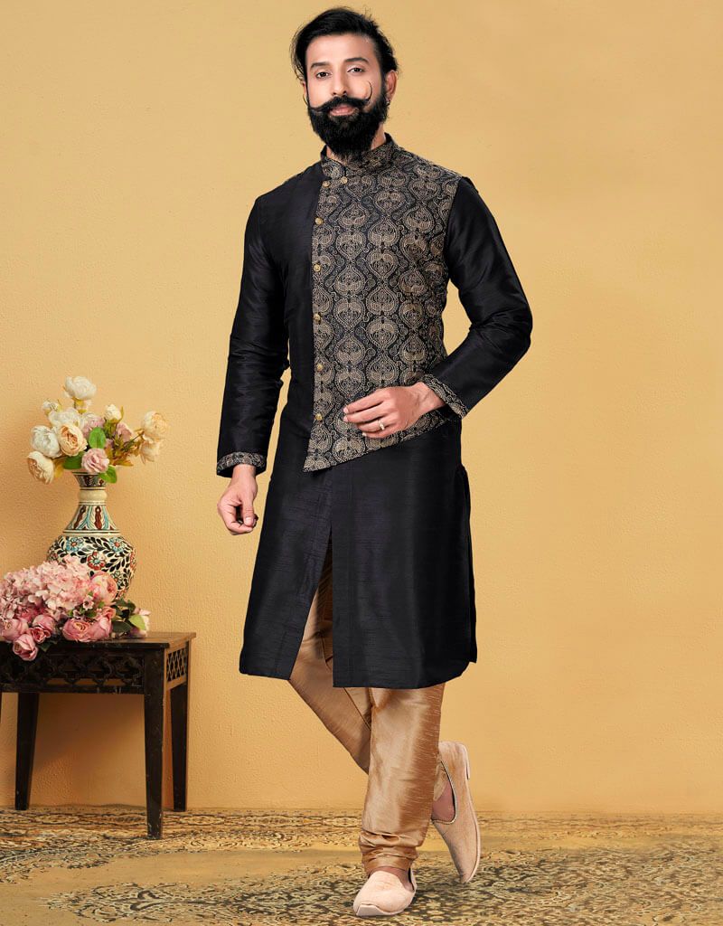 Elegant Black Kurta Dhupion Embroidered Silk Churidar Suit for Women - Perfect for Weddings, Festivals & Special Occasions