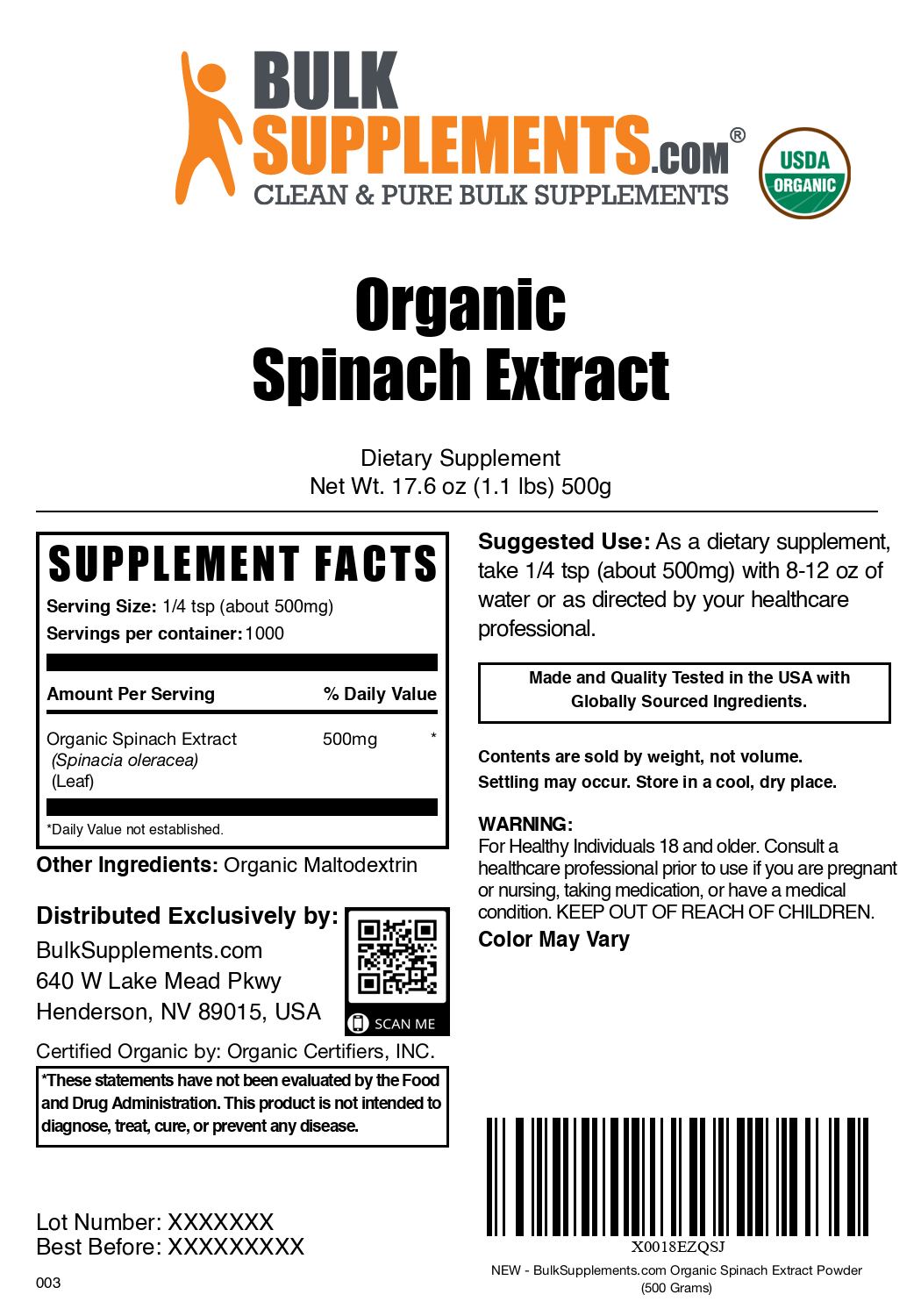 Organic Spinach Extract Powder - 100% Pure, Non-GMO, Vegan Superfood for Smoothies, Baking & Health Supplements | Boost Energy & Immunity Naturally
