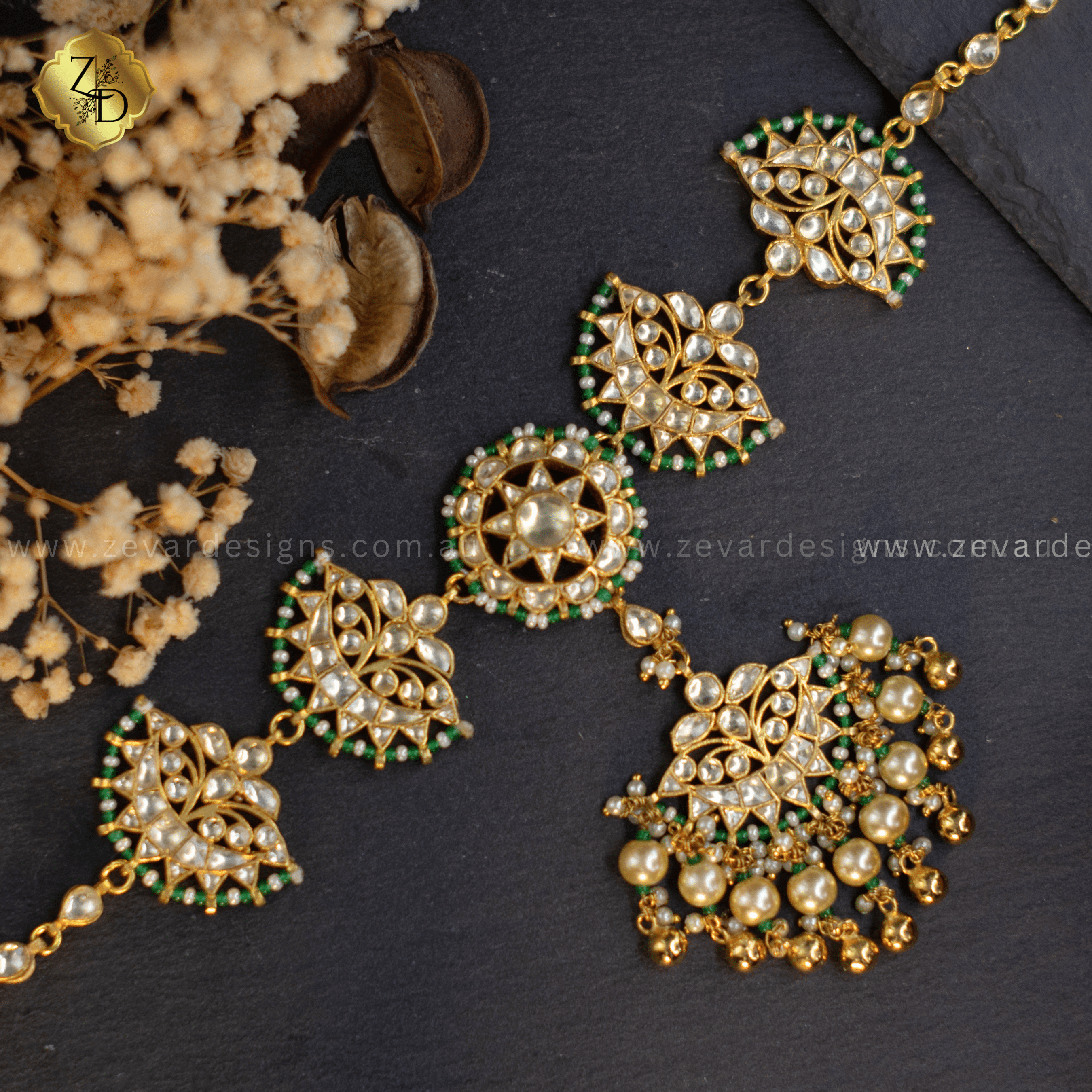Emerald Green Pachi Kundan Sheesh Phool with Tikka Headband | Indian Bridal Jewelry Set for Weddings & Festivals | Traditional Hair Accessories for Women