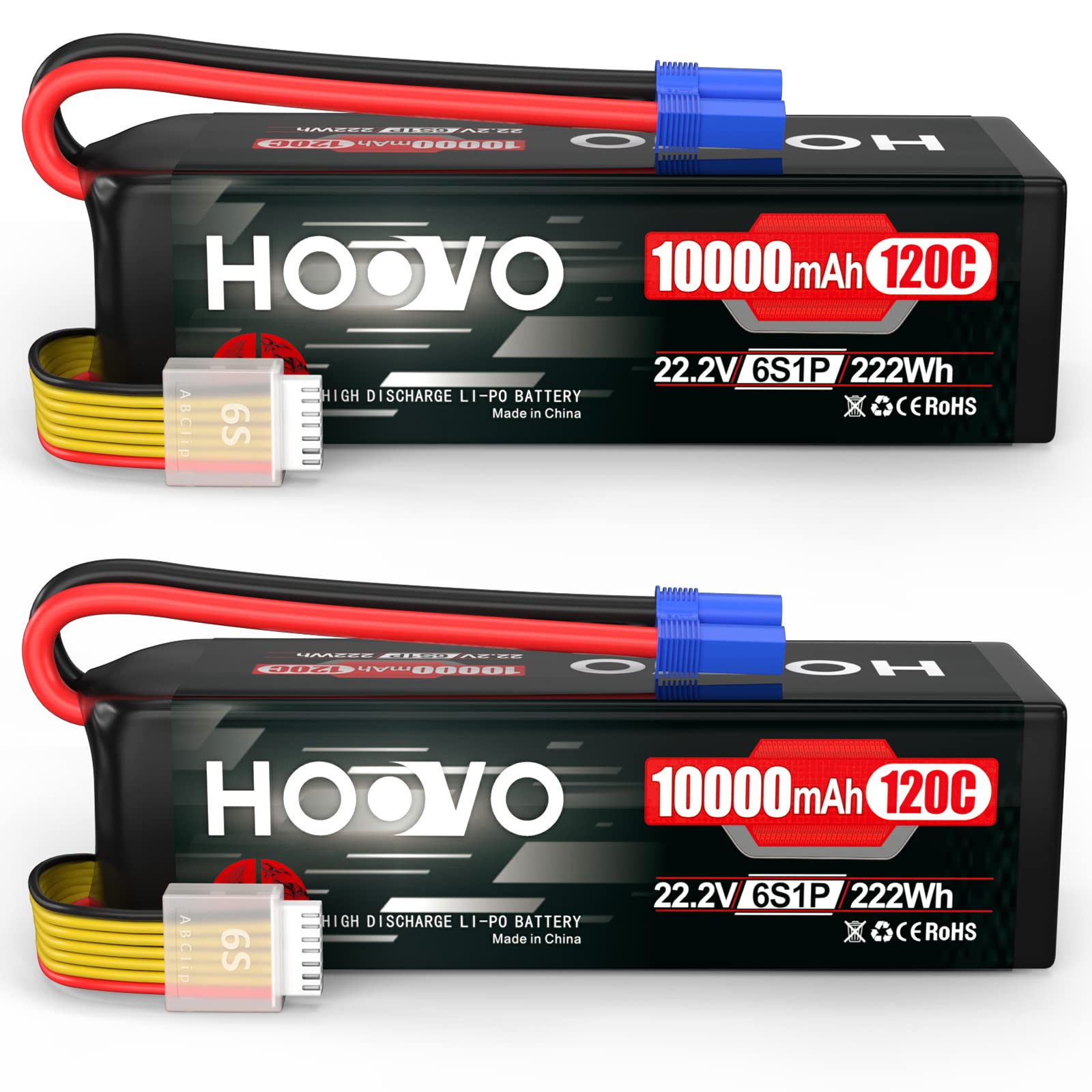 HOOVO 6S 22.2V 10000mAh 120C Lipo Battery with EC5 Plug - 2 Pack High Performance RC Battery for Cars, Drones, FPV, DJI, RC Planes - Perfect for Racing, Aerial Photography & Long Flight Time