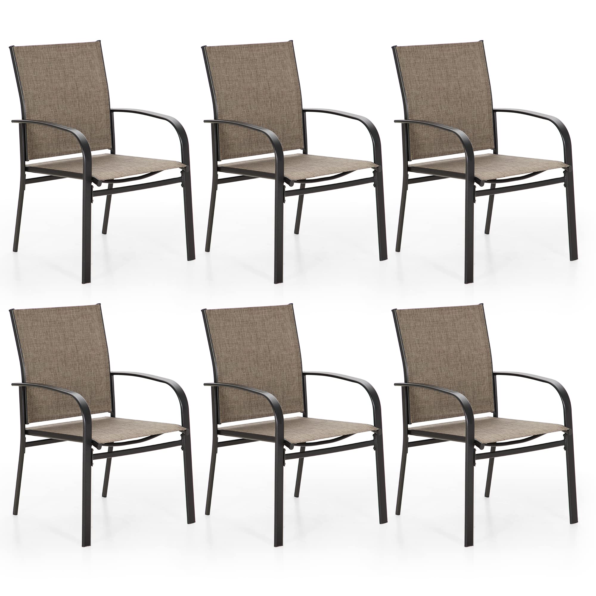 6-Piece Brown Textilene Patio Dining Chairs Set with Armrests - Durable Outdoor Furniture for Backyard, Garden & Poolside Relaxation