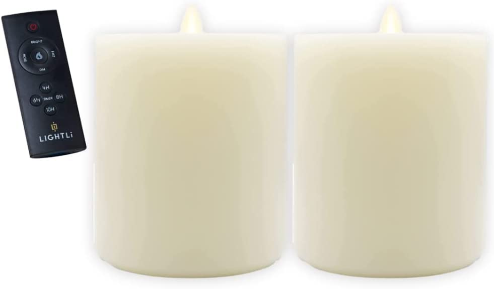 LightLi Touch On/Off Set of 2 Flameless Flickering LED Pillar Candles - Battery Operated with Remote - 3.8