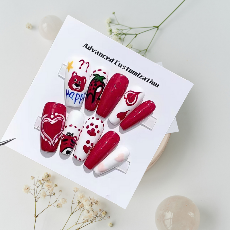 Strawberry Bear Press on Nails - Cute Floral False Nails with 24PCS Full Set, Easy to Apply Glue-Free Fake Nails for Women - Perfect for Valentine's Day, Date Night & Special Occasions