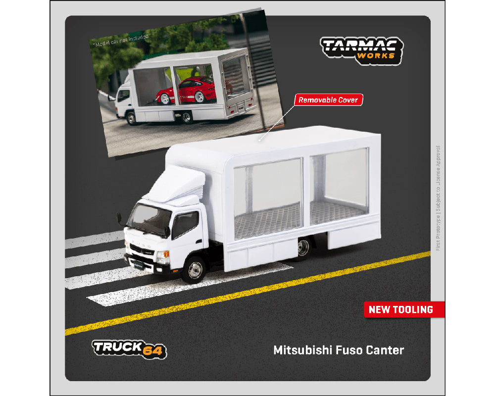 Tarmac Works 1:64 Scale Mitsubishi FUSO Canter Mobile Display Truck Model - White Diecast Collectible for Toy Car Enthusiasts & Display Scenes