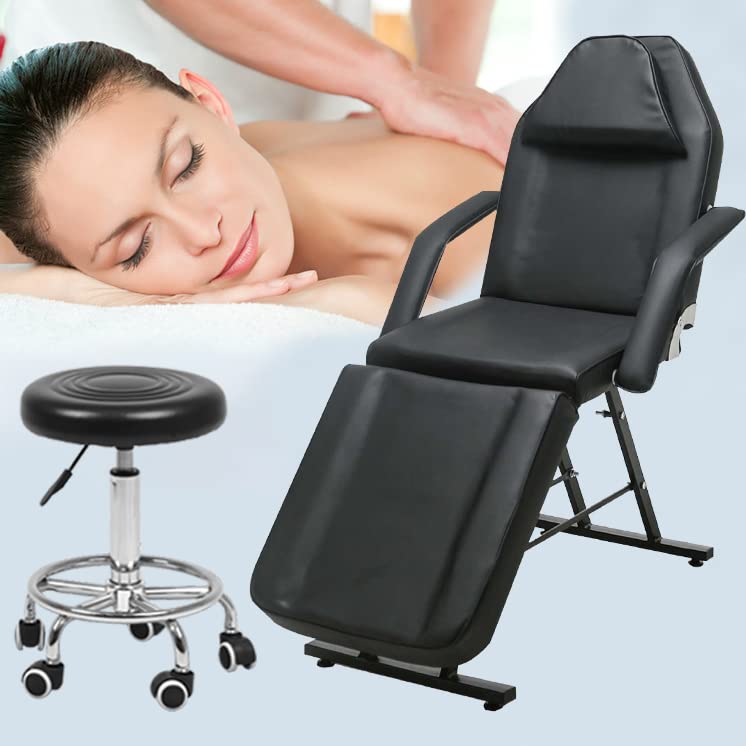 Professional 3-Section Leather Massage Chair & Facial Bed - Adjustable Beauty Spa Salon Table with Stool for Tattoo, Lash Extensions & Relaxation | Perfect for Salons, Spas & Home Use (Black)